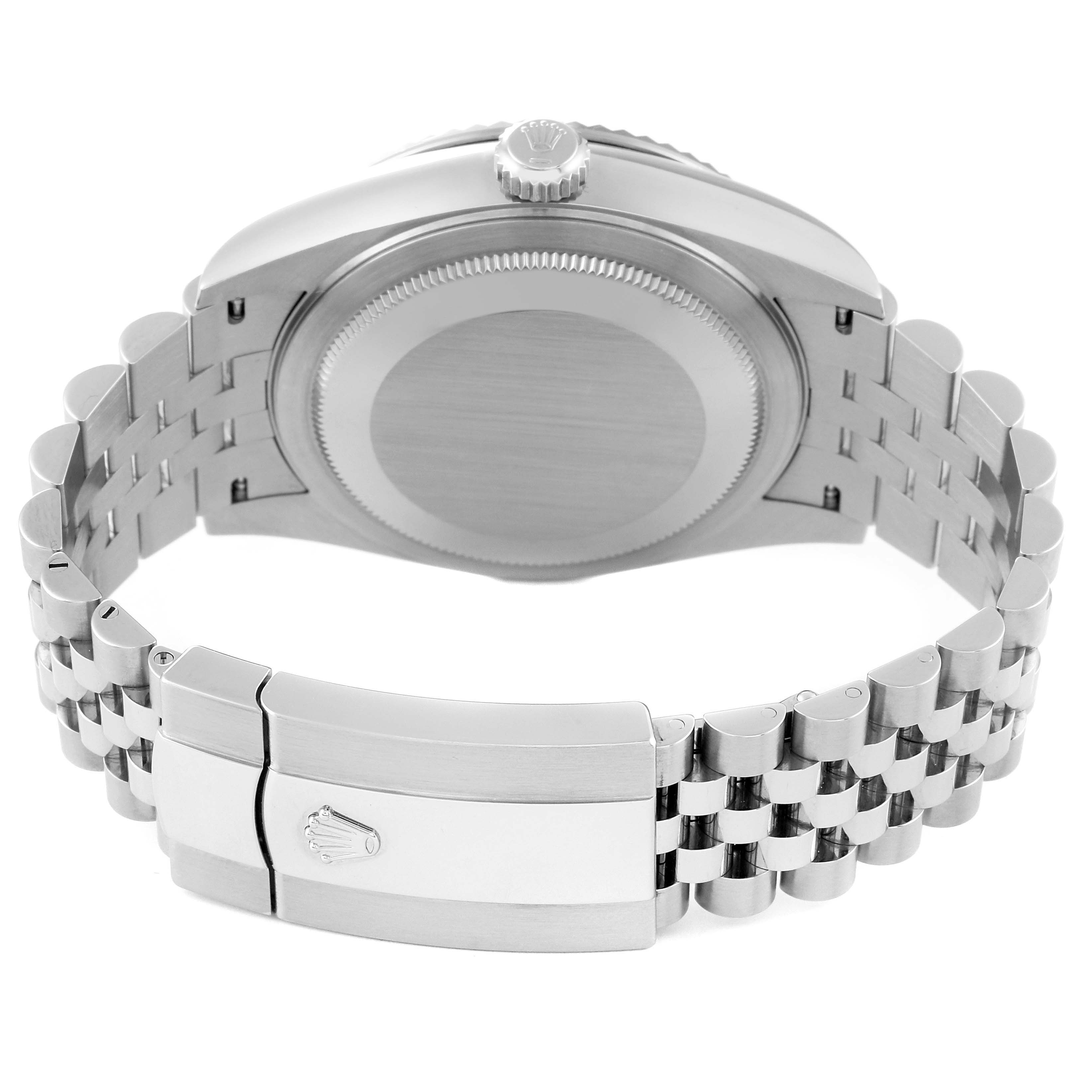 The image shows the back view of the Rolex Sky-Dweller 326934 Men
s Stainless Steel Blue Dial 326934 Men
s Stainless Steel Blue Dial watch, focusing on the case back and metallic bracelet with a clasp.