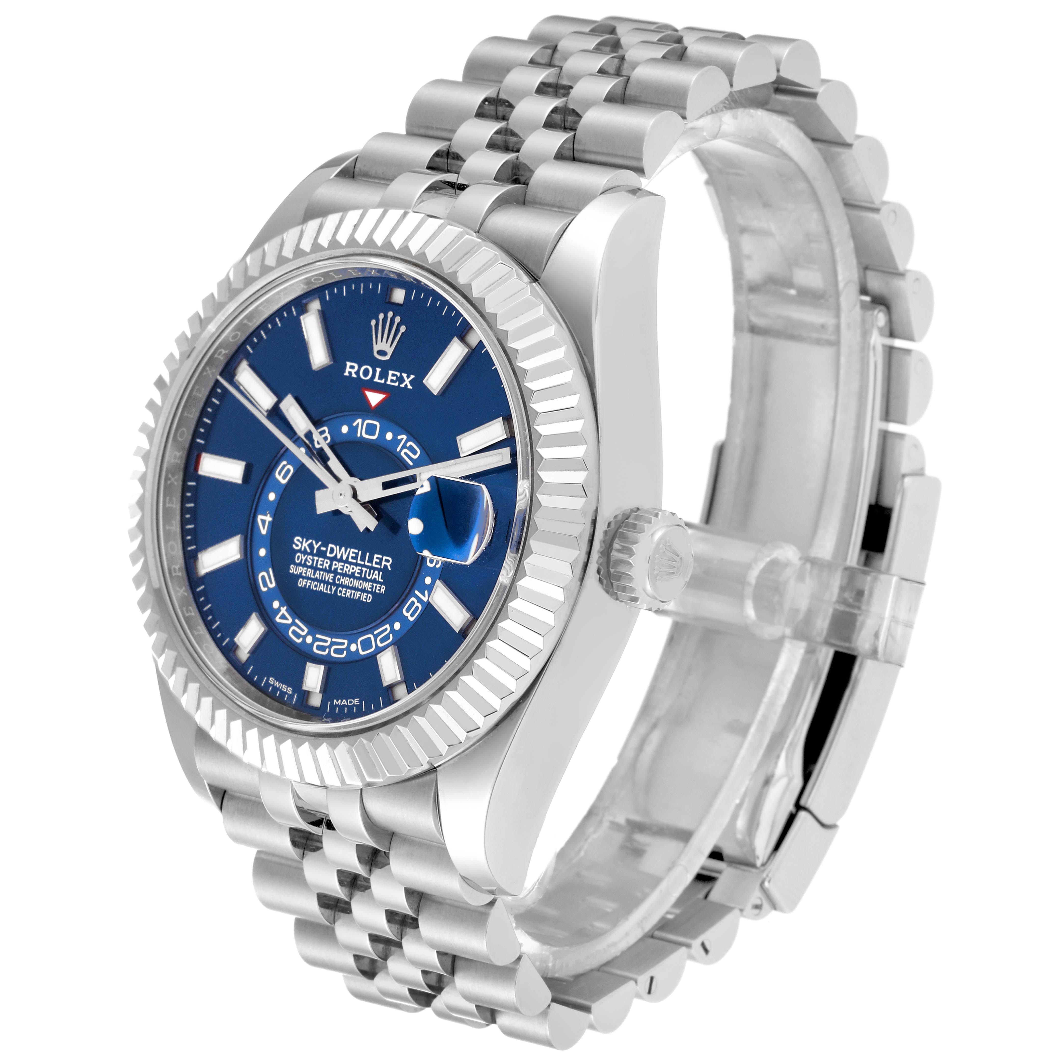 The image shows a Rolex Sky-Dweller 326934 Men
s Stainless Steel Blue Dial 326934 Men
s Stainless Steel Blue Dial watch at an angle highlighting the face, bezel, case, and bracelet.