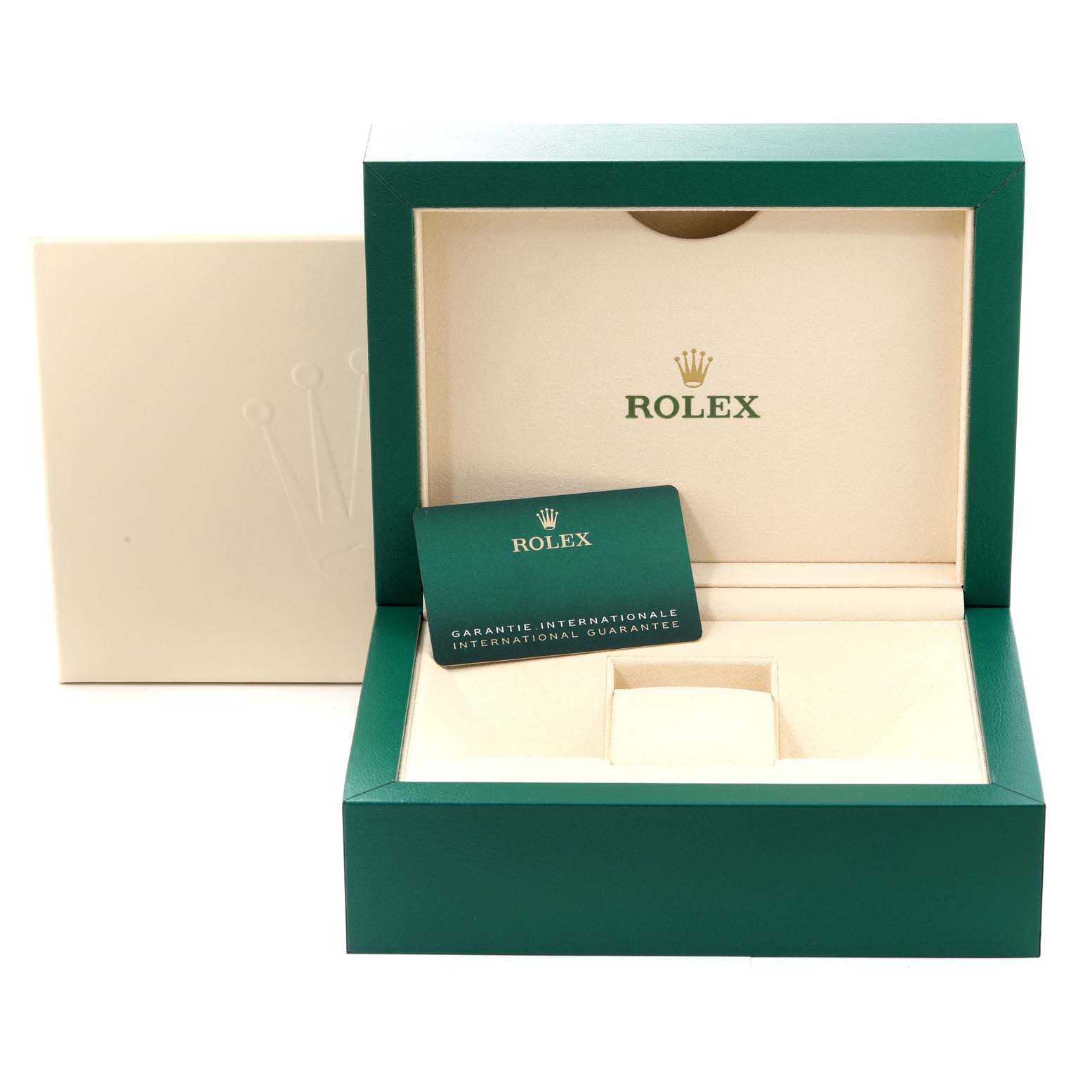 This image shows the open green and beige packaging box for a Rolex Sky-Dweller 326934 Men
s Stainless Steel Blue Dial 326934 Men
s Stainless Steel Blue Dial watch, alongside a guarantee card.