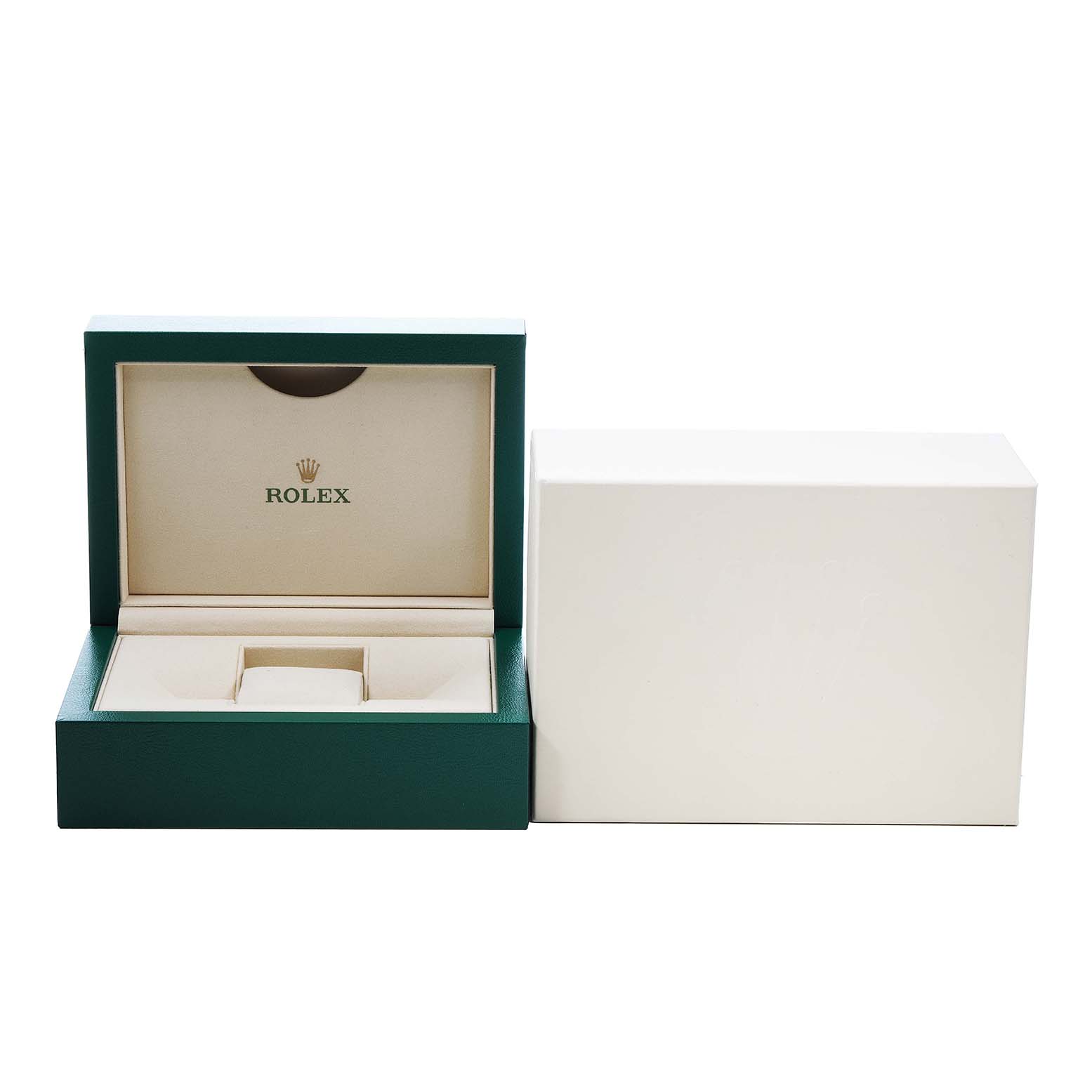 The image shows an open Rolex Submariner 126613 Men's Steel and Gold (two tone) Blue Dial watch box with a cream interior and a separate white outer box.