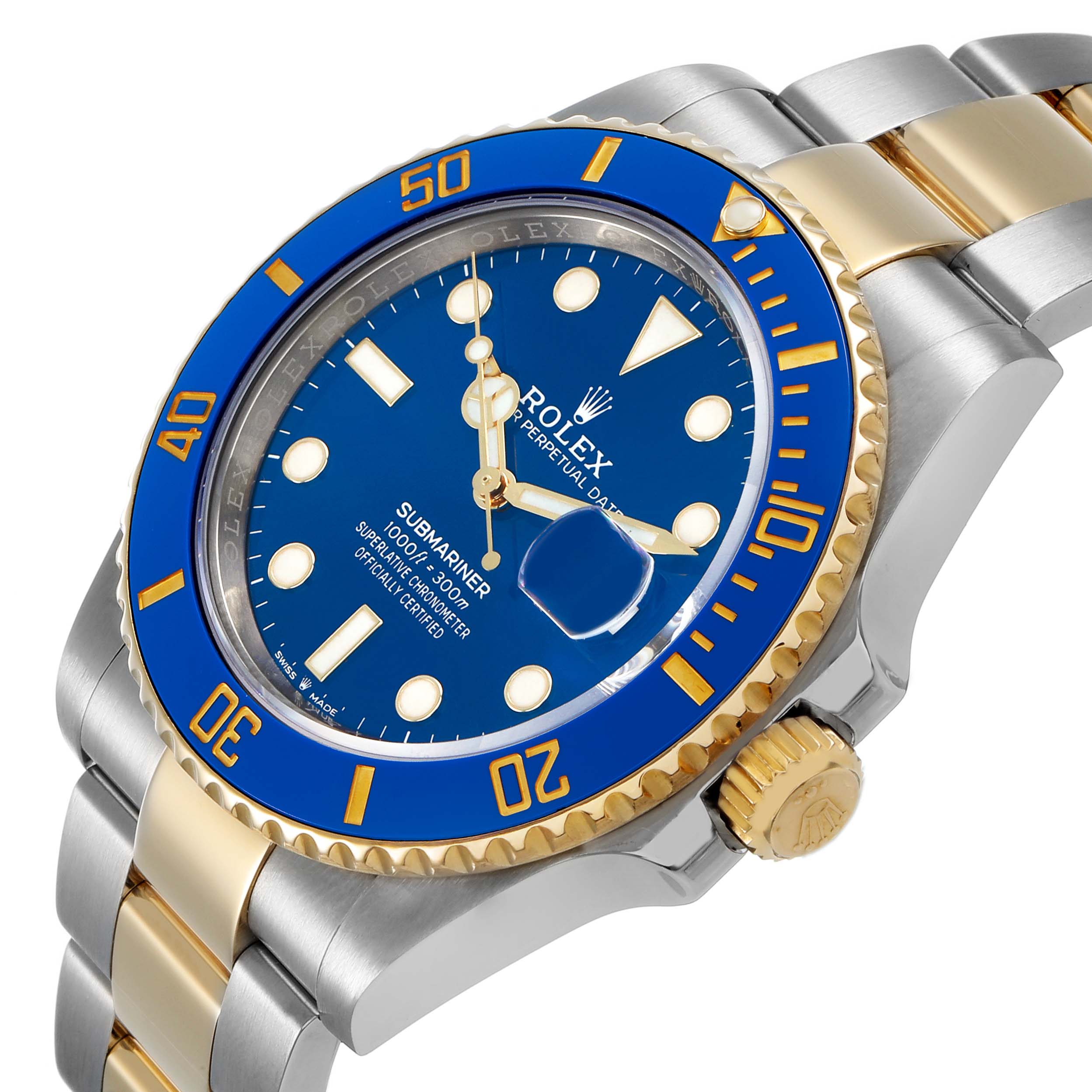 The Rolex Submariner 126613 Men's Steel and Gold (two tone) Blue Dial watch is shown at an angled view, highlighting its blue dial, bezel, and bicolor bracelet.