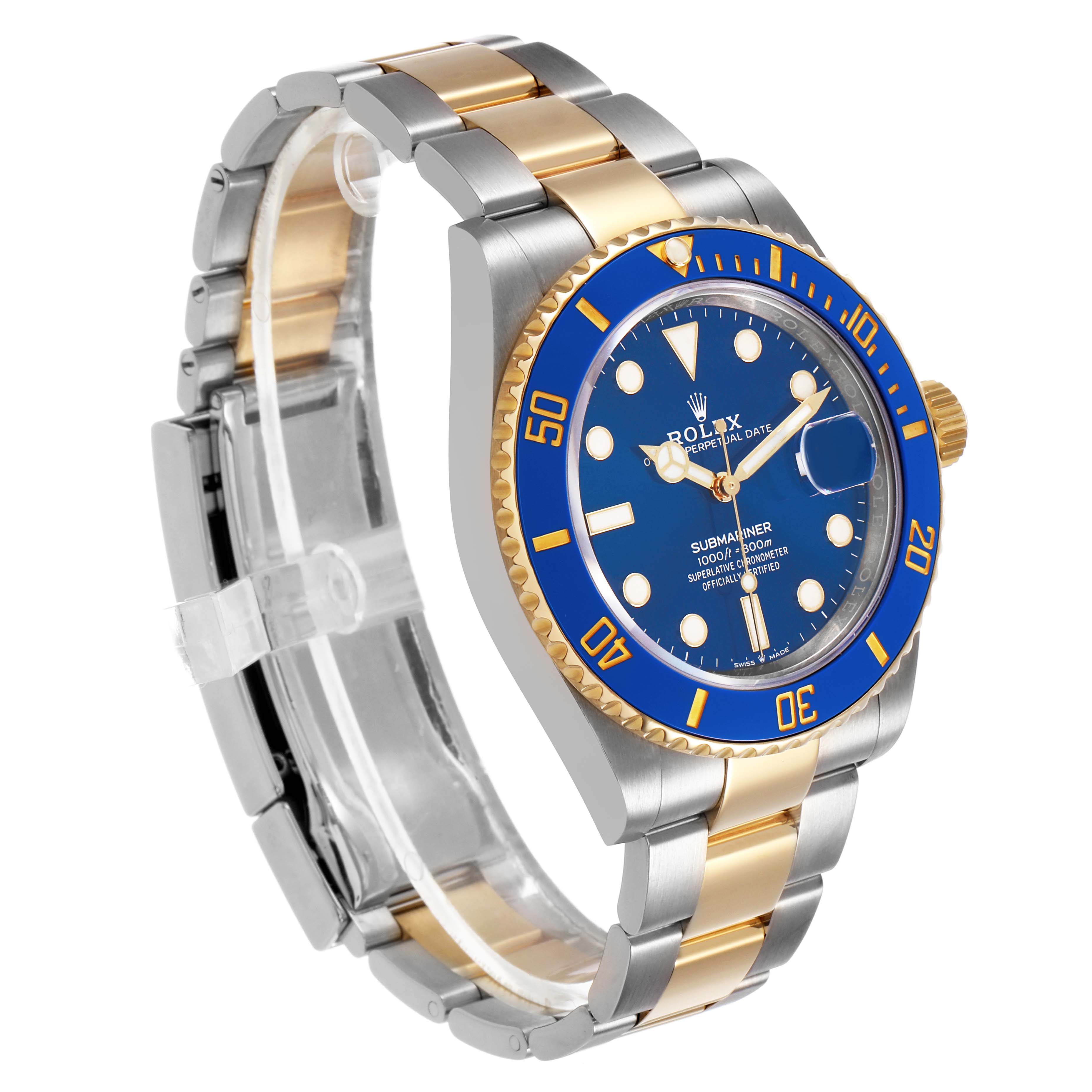 The Rolex Submariner 126613 Men's Steel and Gold (two tone) Blue Dial is shown at a three-quarter angle, highlighting the blue bezel, dial, and two-tone bracelet.
