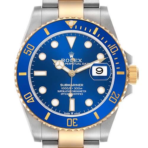The Rolex Submariner 126613 Men's Steel and Gold (two tone) Blue Dial is shown from a front angle, highlighting its blue dial, bezel, and gold accents.