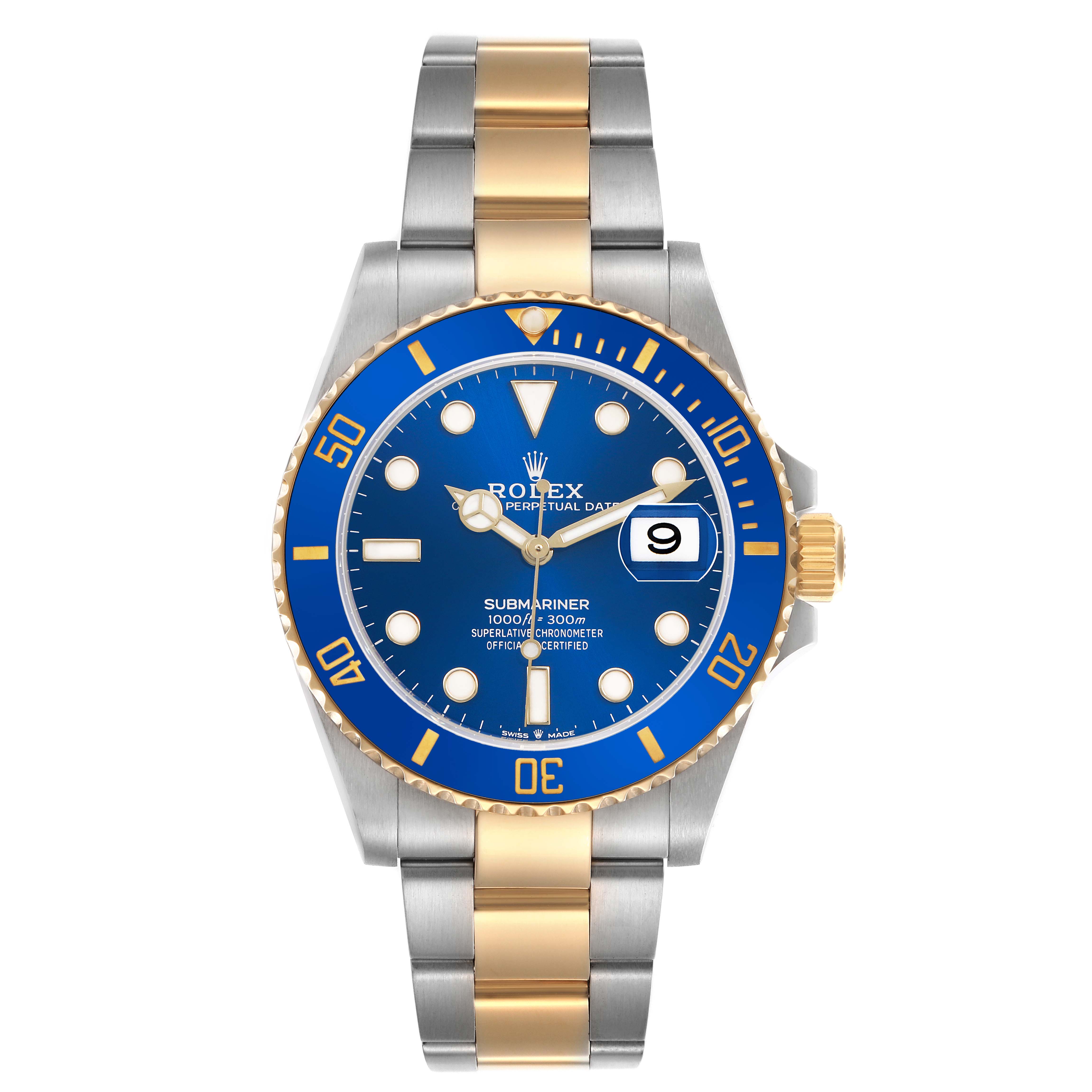 The Rolex Submariner 126613 Men's Steel and Gold (two tone) Blue Dial watch is shown from a front view, displaying the blue dial, bezel, and two-tone bracelet clearly.