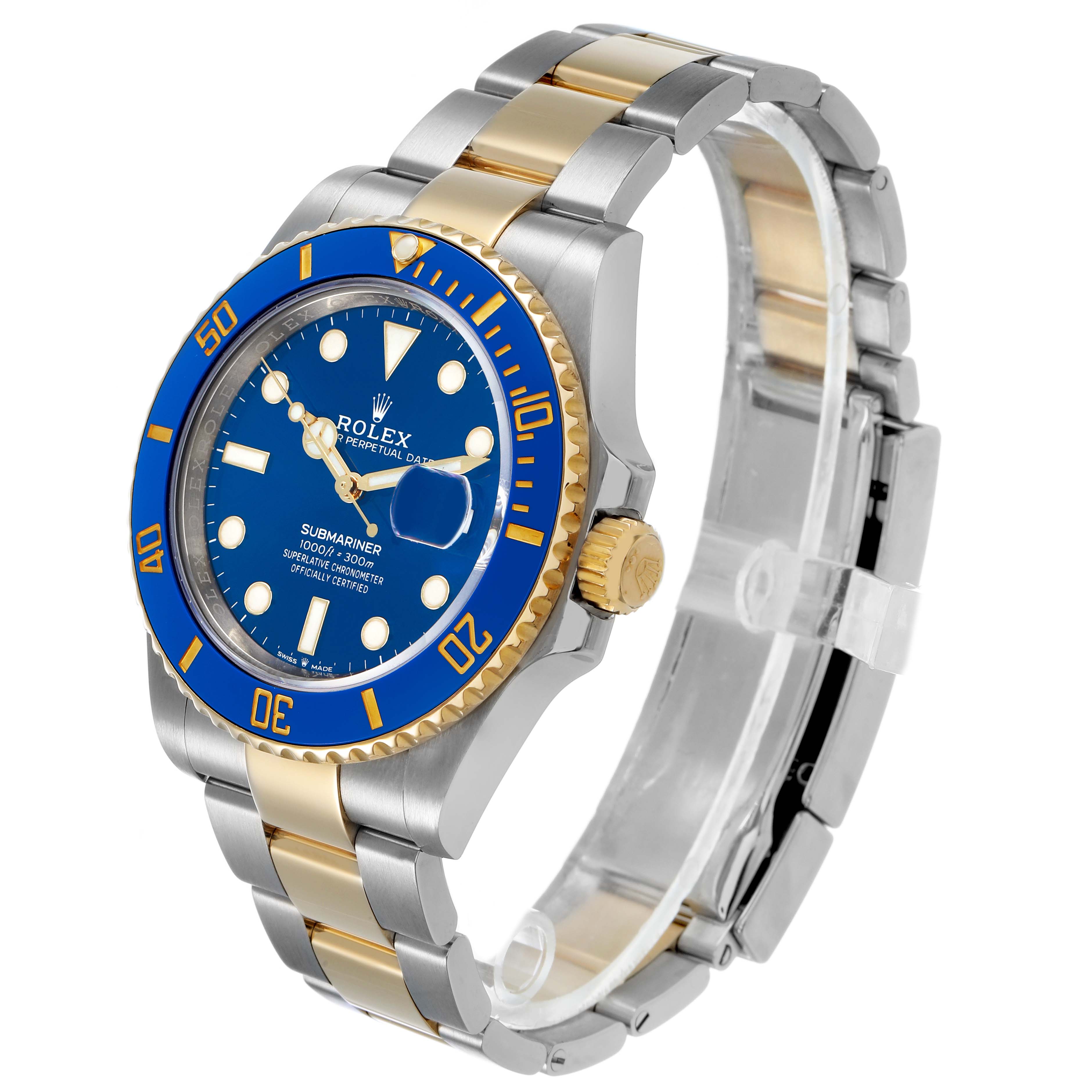 The Rolex Submariner 126613 Men's Steel and Gold (two tone) Blue Dial watch is shown at a three-quarter angle, highlighting its blue dial, gold accents, and metal bracelet.