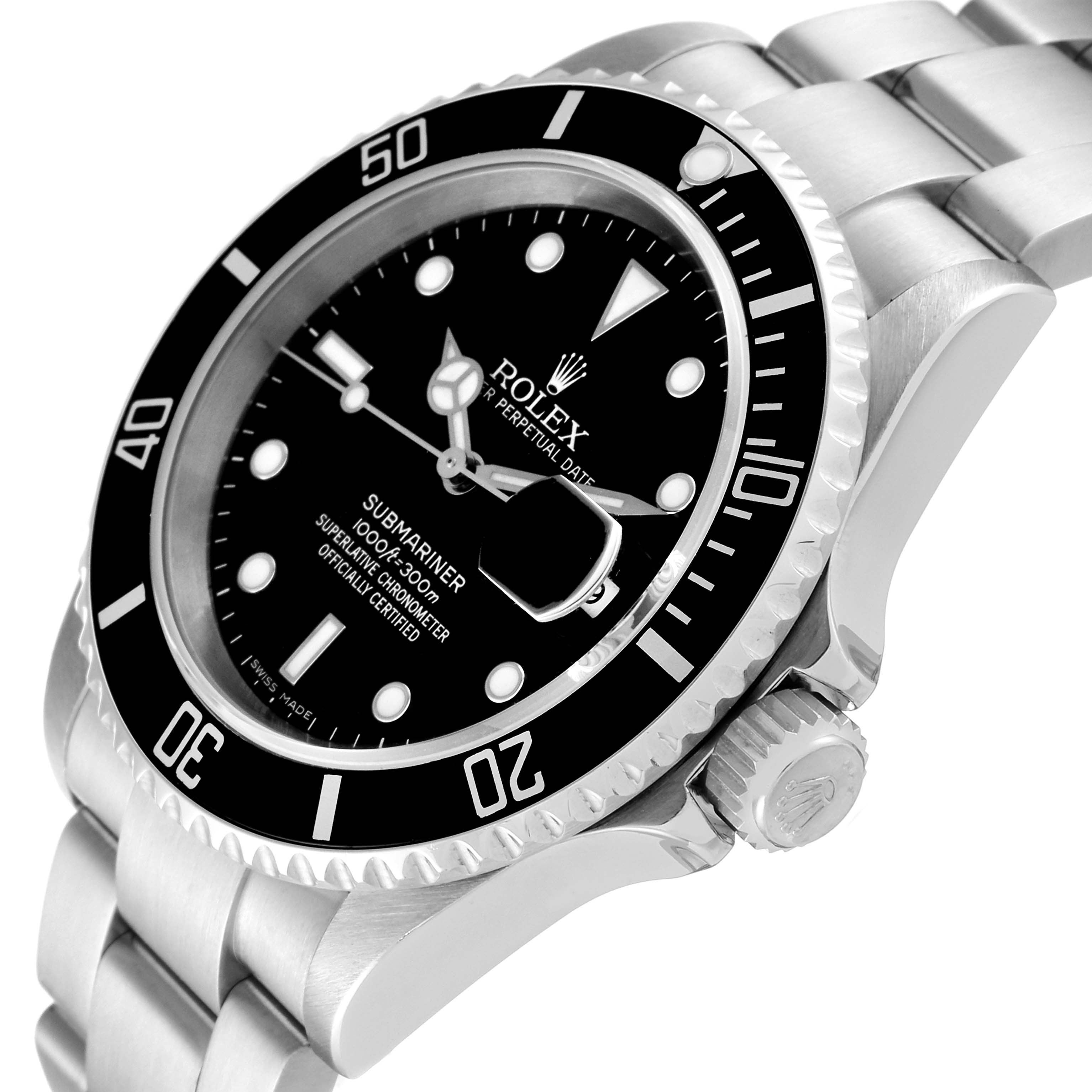 A Rolex Submariner 16610 Men
s Stainless Steel Black Dial 16610 Men
s Stainless Steel Black Dial watch is shown from an angled, side view focusing on the dial, bezel, crown, and part of the bracelet.