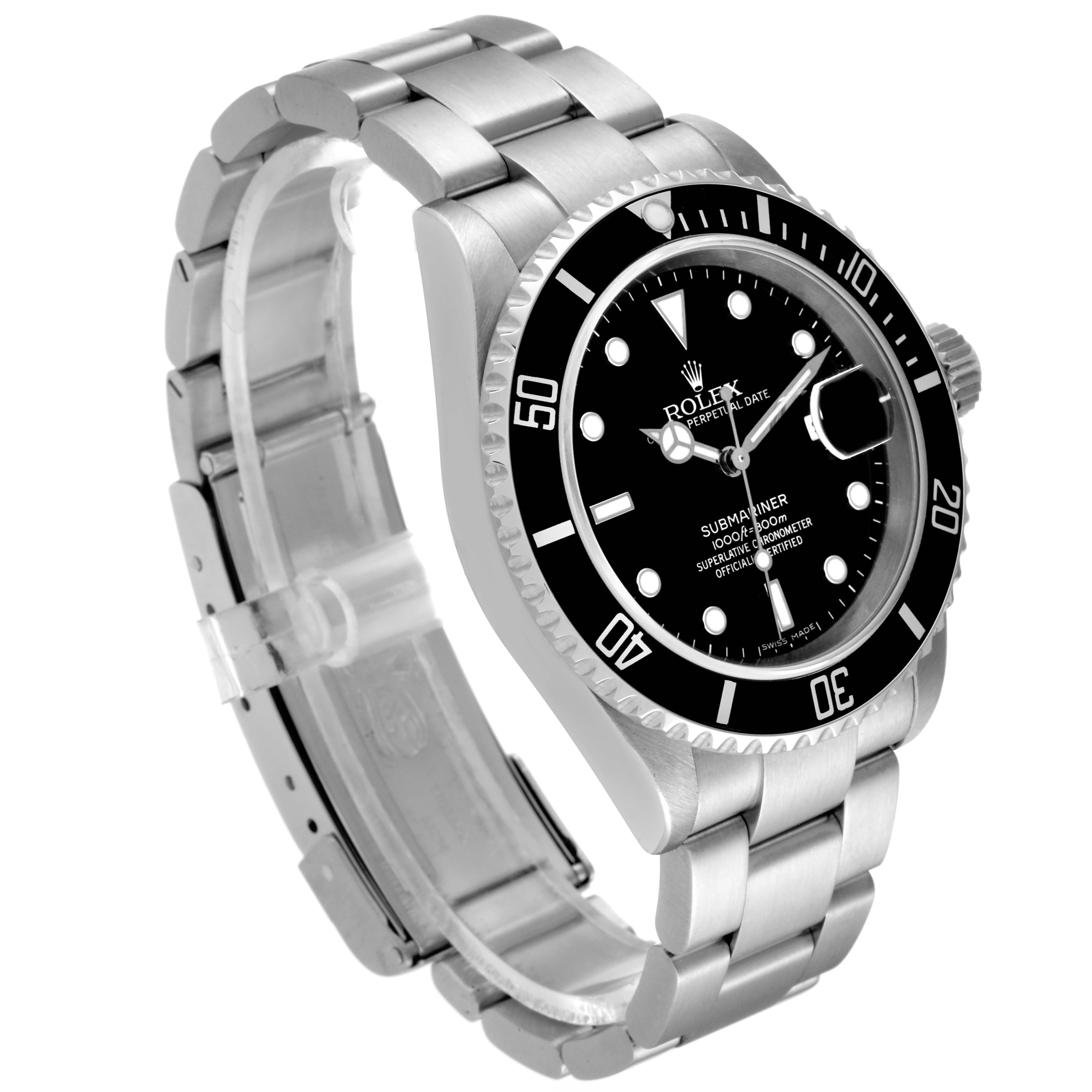 The image shows a side angle view of a Rolex Submariner 16610 Men
s Stainless Steel Black Dial 16610 Men
s Stainless Steel Black Dial watch, highlighting the face, bezel, crown, and stainless steel bracelet.