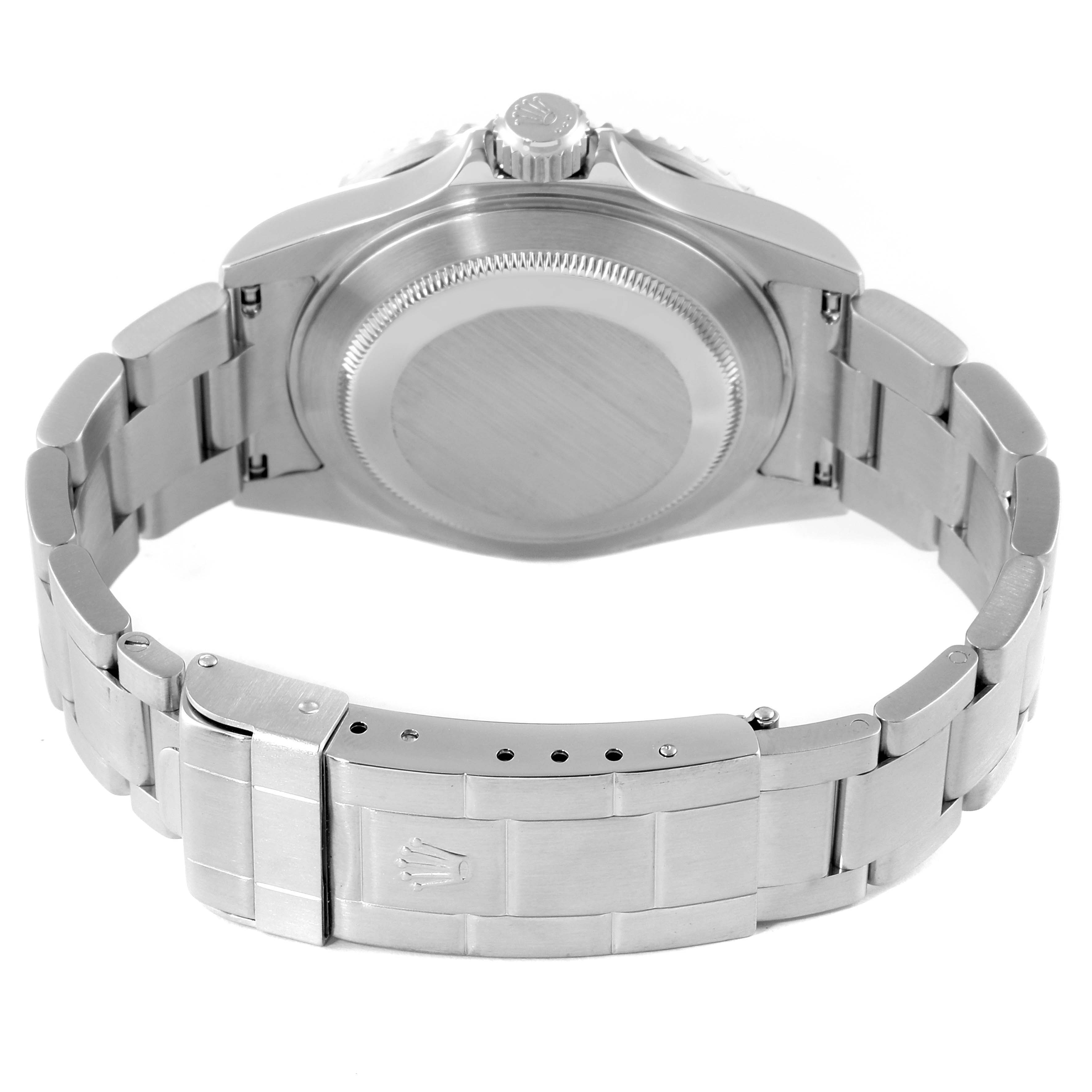 The image shows the back view of a Rolex Submariner 16610 Men
s Stainless Steel Black Dial 16610 Men
s Stainless Steel Black Dial watch including the case back, crown, and bracelet with clasp.