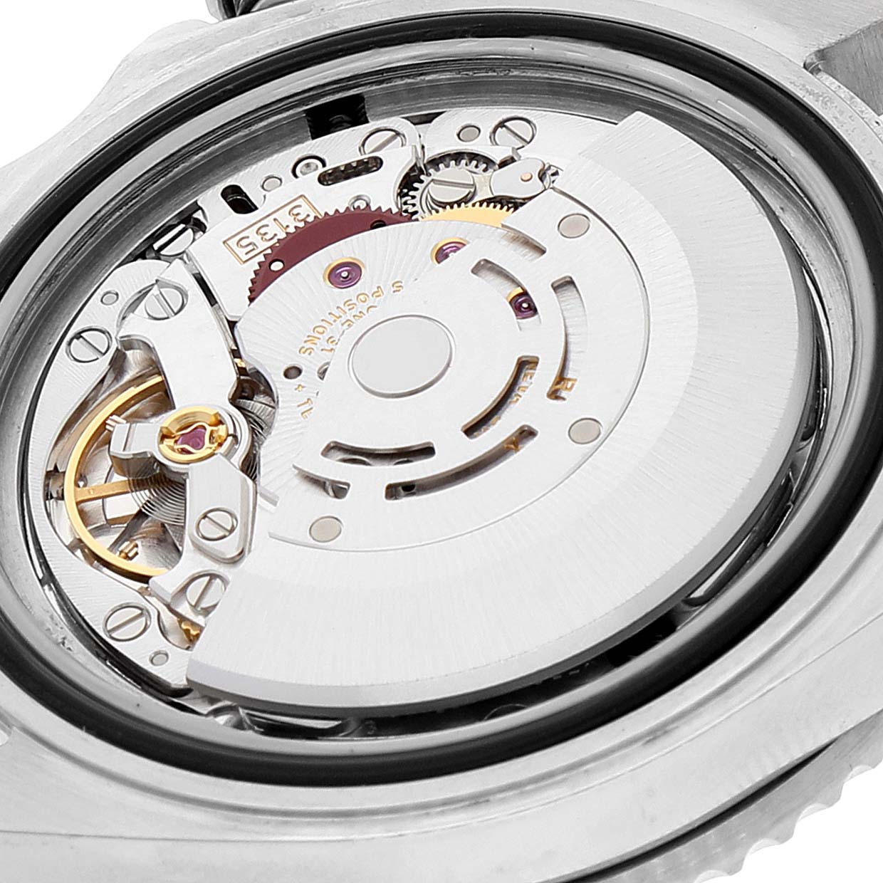 The image shows the internal mechanical parts of a Rolex Submariner 16610 Men
s Stainless Steel Black Dial 16610 Men
s Stainless Steel Black Dial watch from a close-up top view angle.