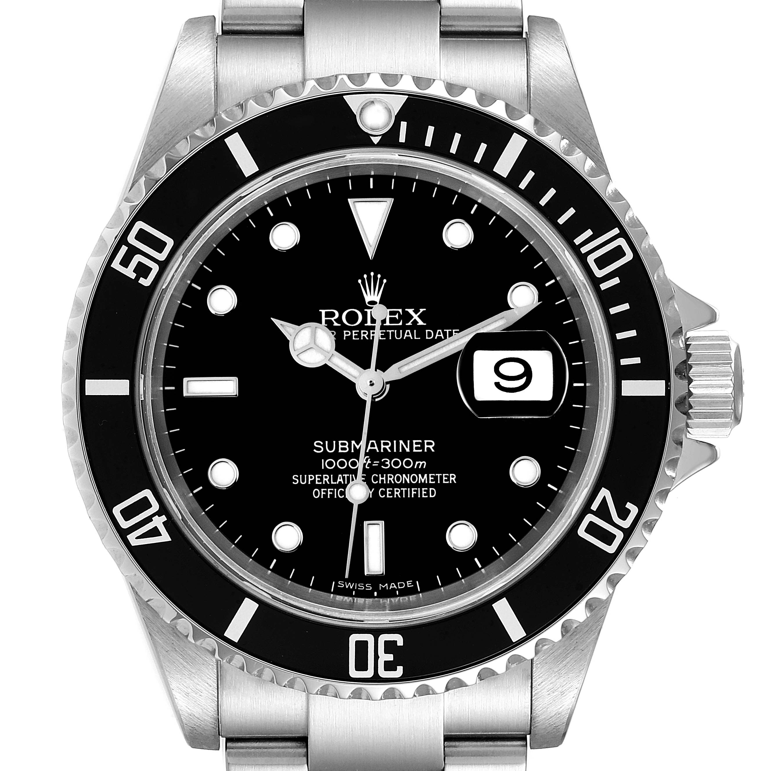 The image shows a front view of the Rolex Submariner 16610 Men
s Stainless Steel Black Dial 16610 Men
s Stainless Steel Black Dial watch, displaying its bezel, dial, hands, and bracelet.