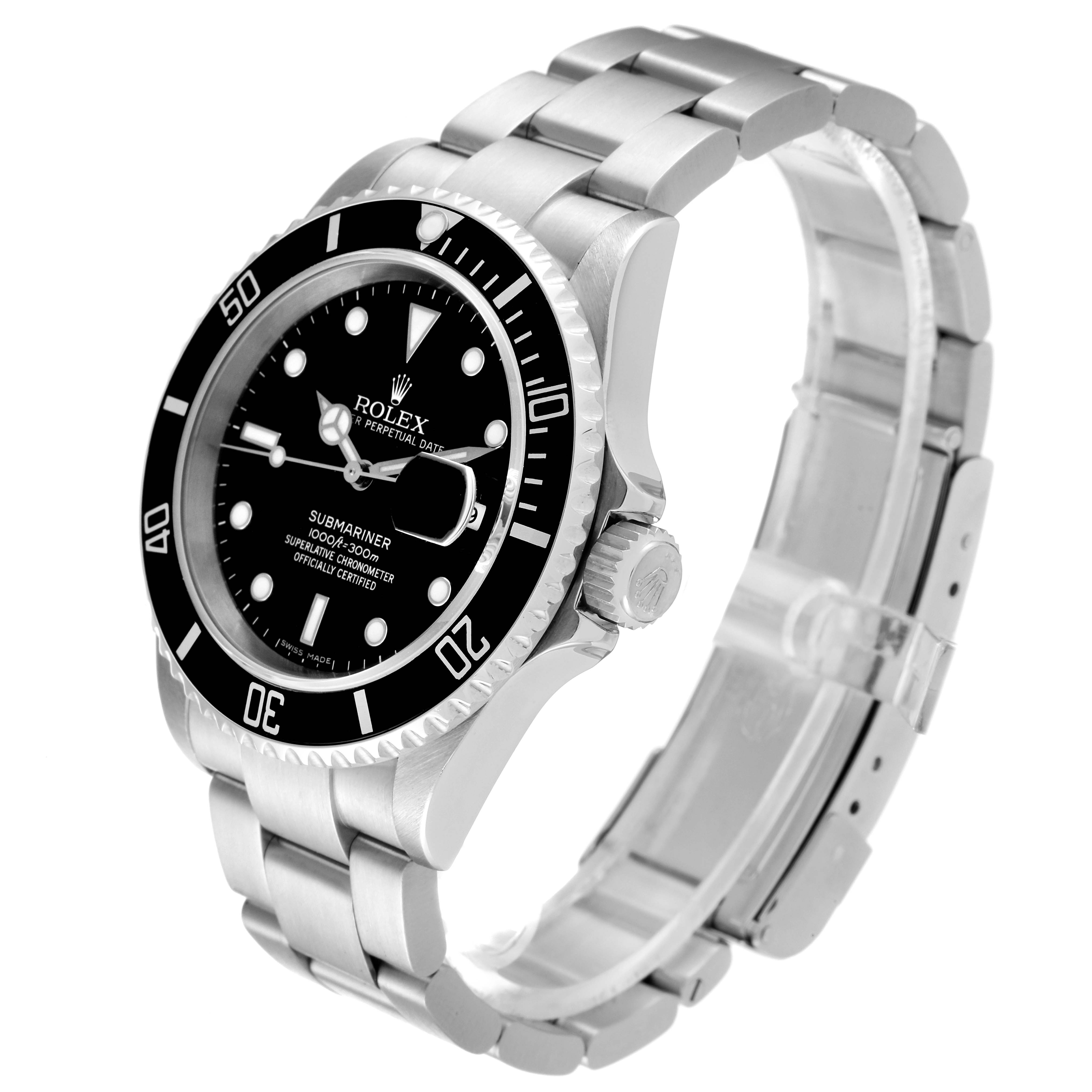 The image shows a side-angle view of a Rolex Submariner 16610 Men
s Stainless Steel Black Dial 16610 Men
s Stainless Steel Black Dial watch, highlighting its dial, bezel, bracelet, and crown.