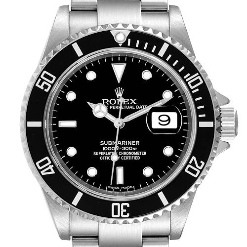 This image shows a front view of a Rolex Submariner watch, highlighting its bezel, dial, and bracelet.