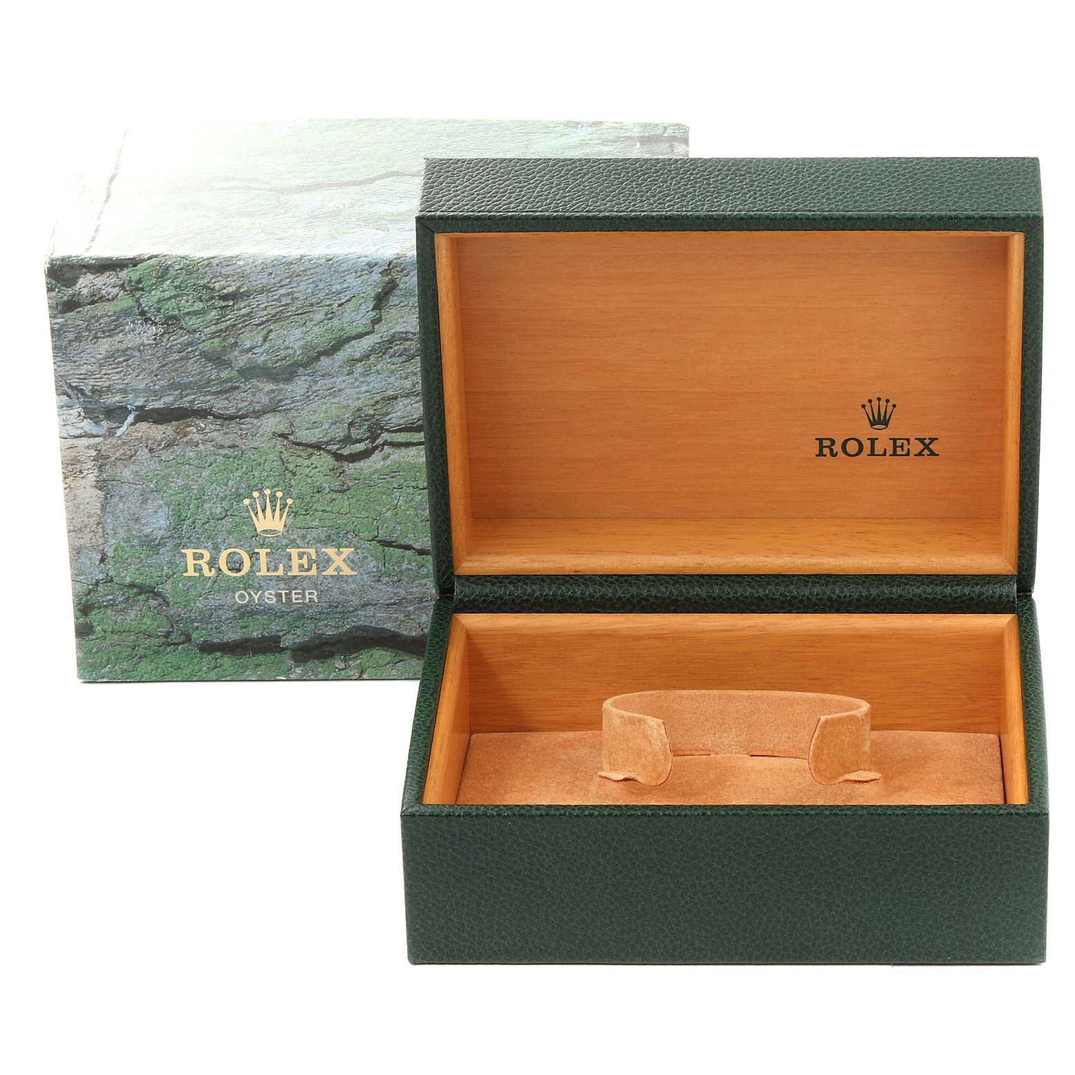 This image shows an open, empty Rolex Submariner 16610 Men
s Stainless Steel Black Dial 16610 Men
s Stainless Steel Black Dial watch box with the lid open, revealing the interior and the outer packaging.