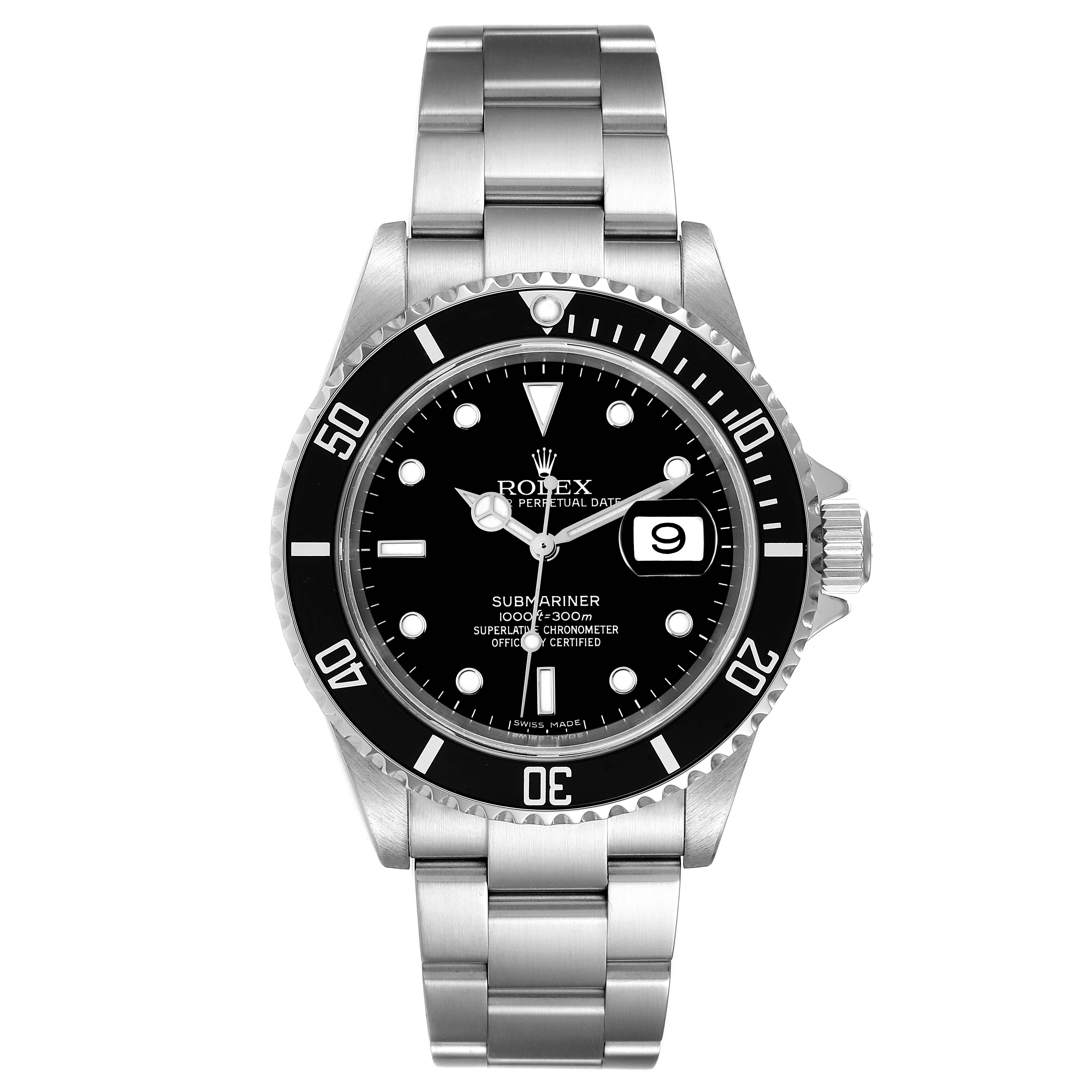 The image shows a front view of a Rolex Submariner 16610 Men
s Stainless Steel Black Dial 16610 Men
s Stainless Steel Black Dial watch, displaying its dial, bezel, and bracelet.