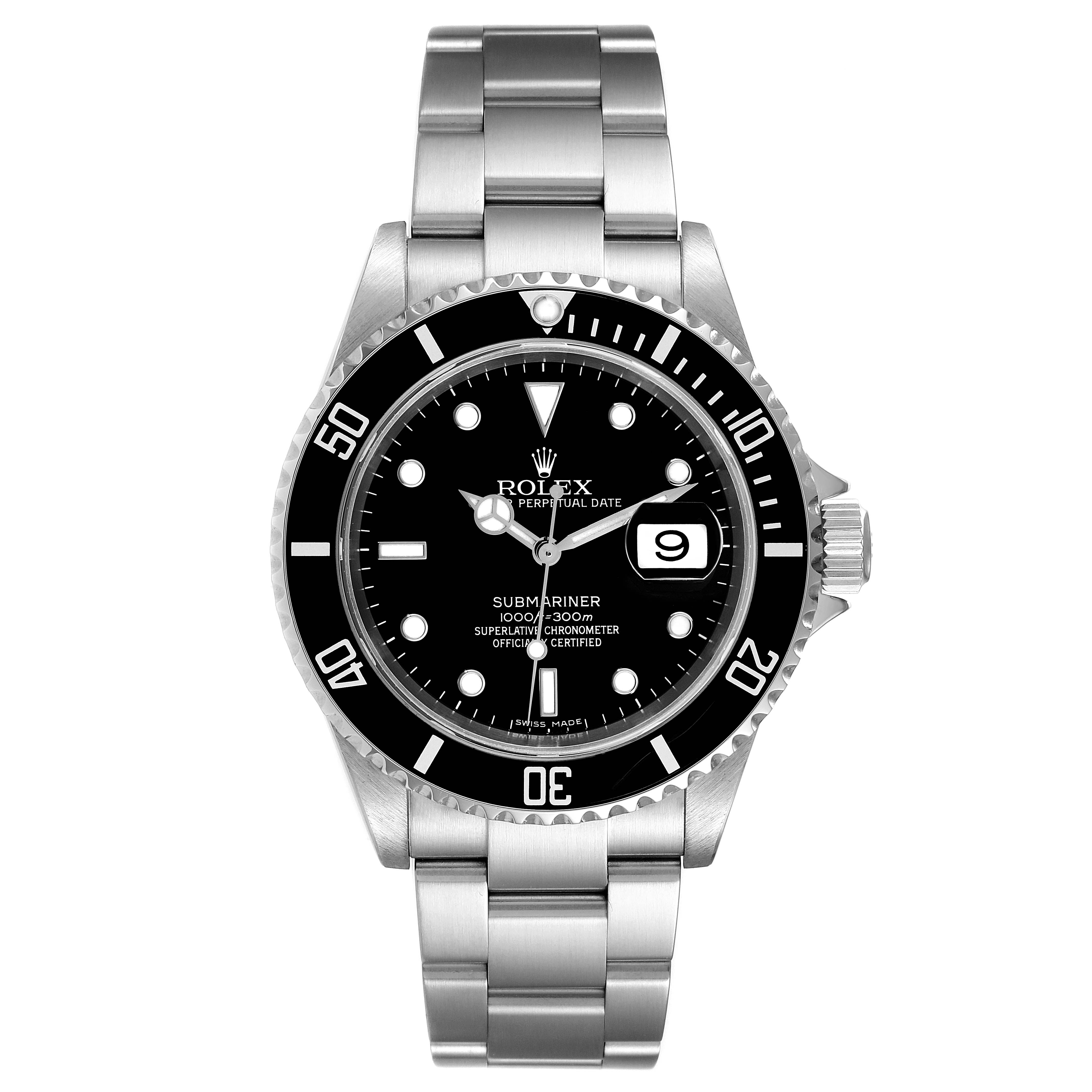 The image shows a front view of a Rolex Submariner 16610 Men
s Stainless Steel Black Dial 16610 Men
s Stainless Steel Black Dial with its dial, bezel, and bracelet visible.