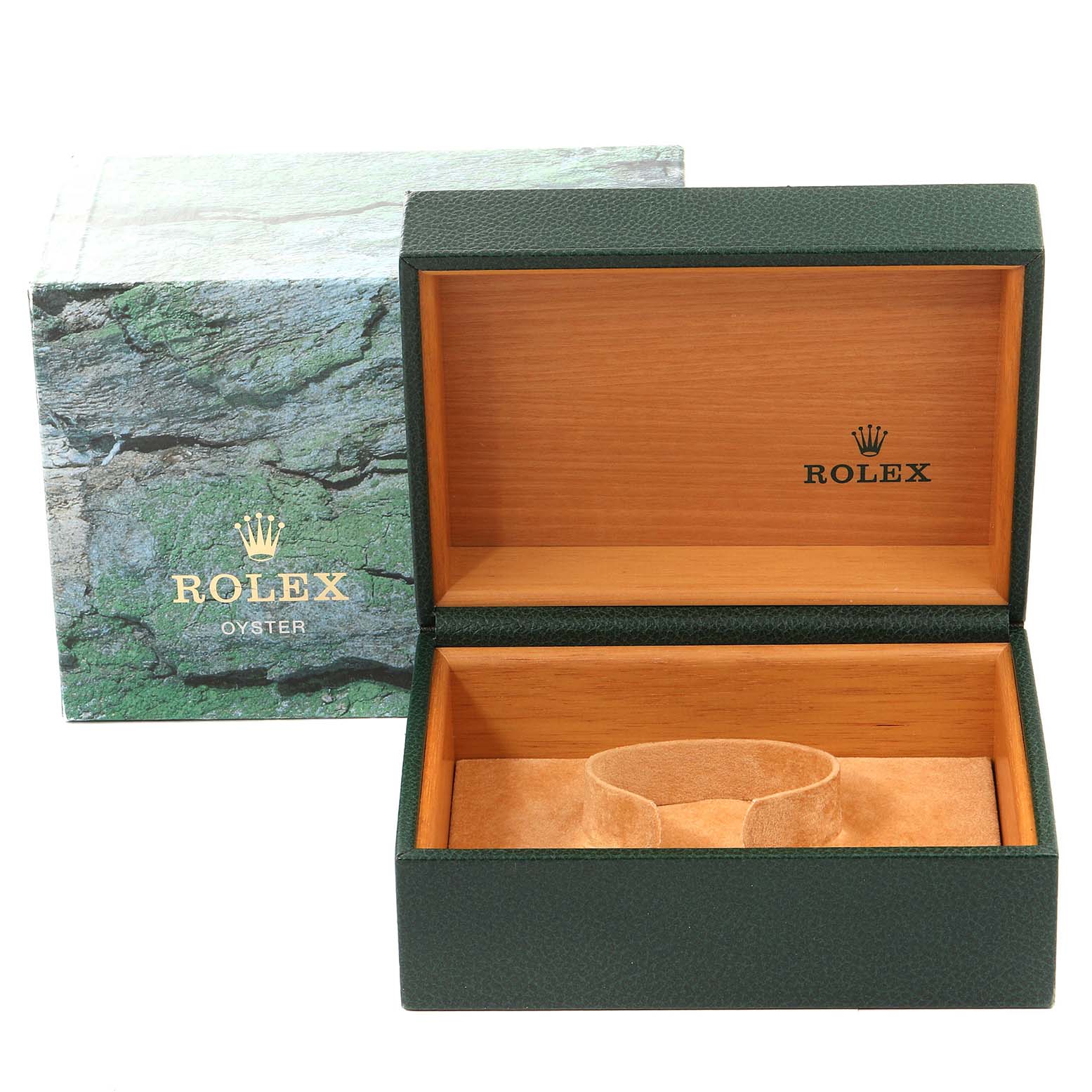 The image shows an open Rolex Submariner 16610 Men
s Stainless Steel Black Dial 16610 Men
s Stainless Steel Black Dial model watch box and its outer box, featuring the Rolex logo and branding.