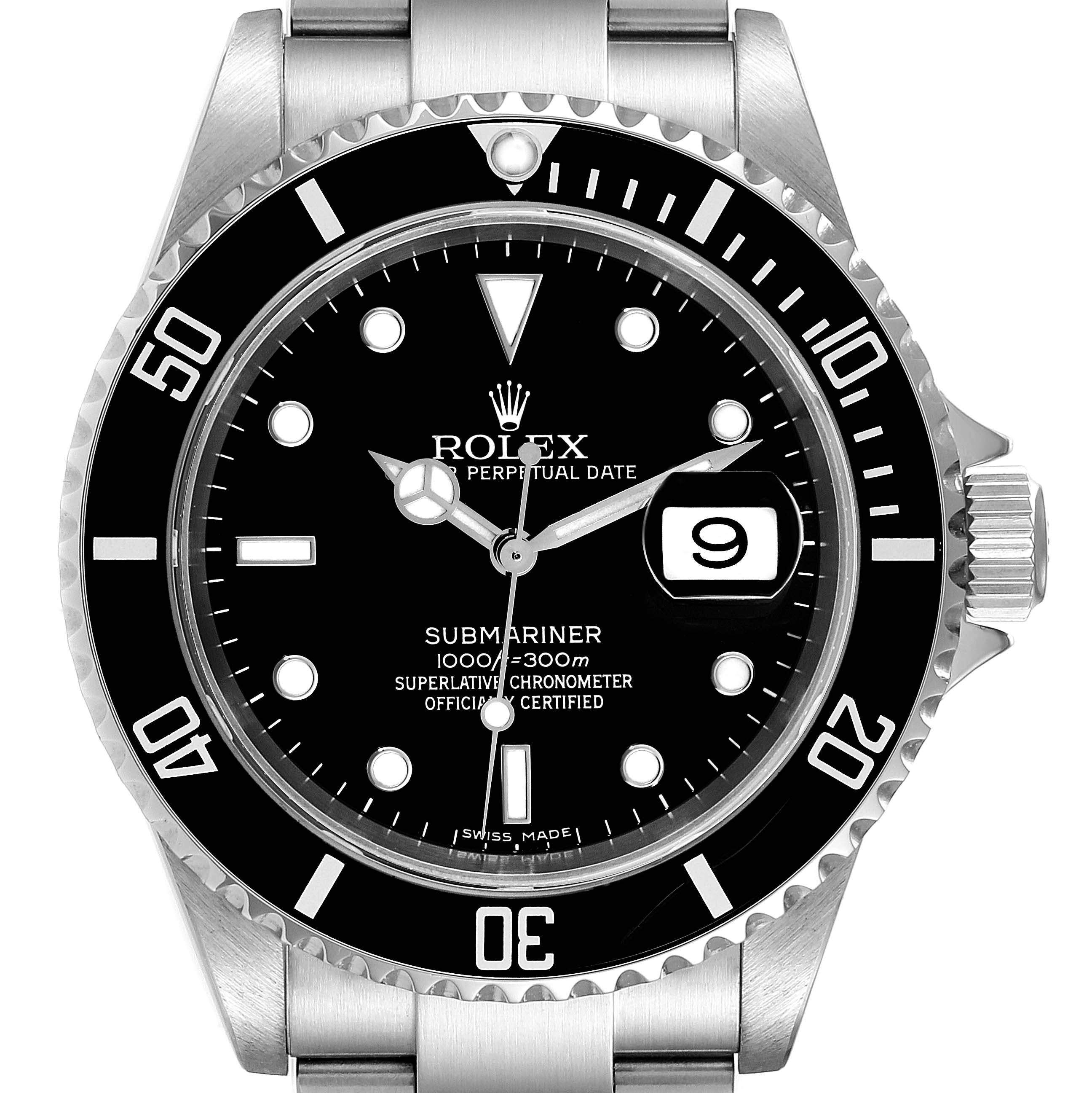 The image shows a frontal close-up of a Rolex Submariner 16610 Men
s Stainless Steel Black Dial 16610 Men
s Stainless Steel Black Dial watch, highlighting the dial, bezel, and part of the bracelet.