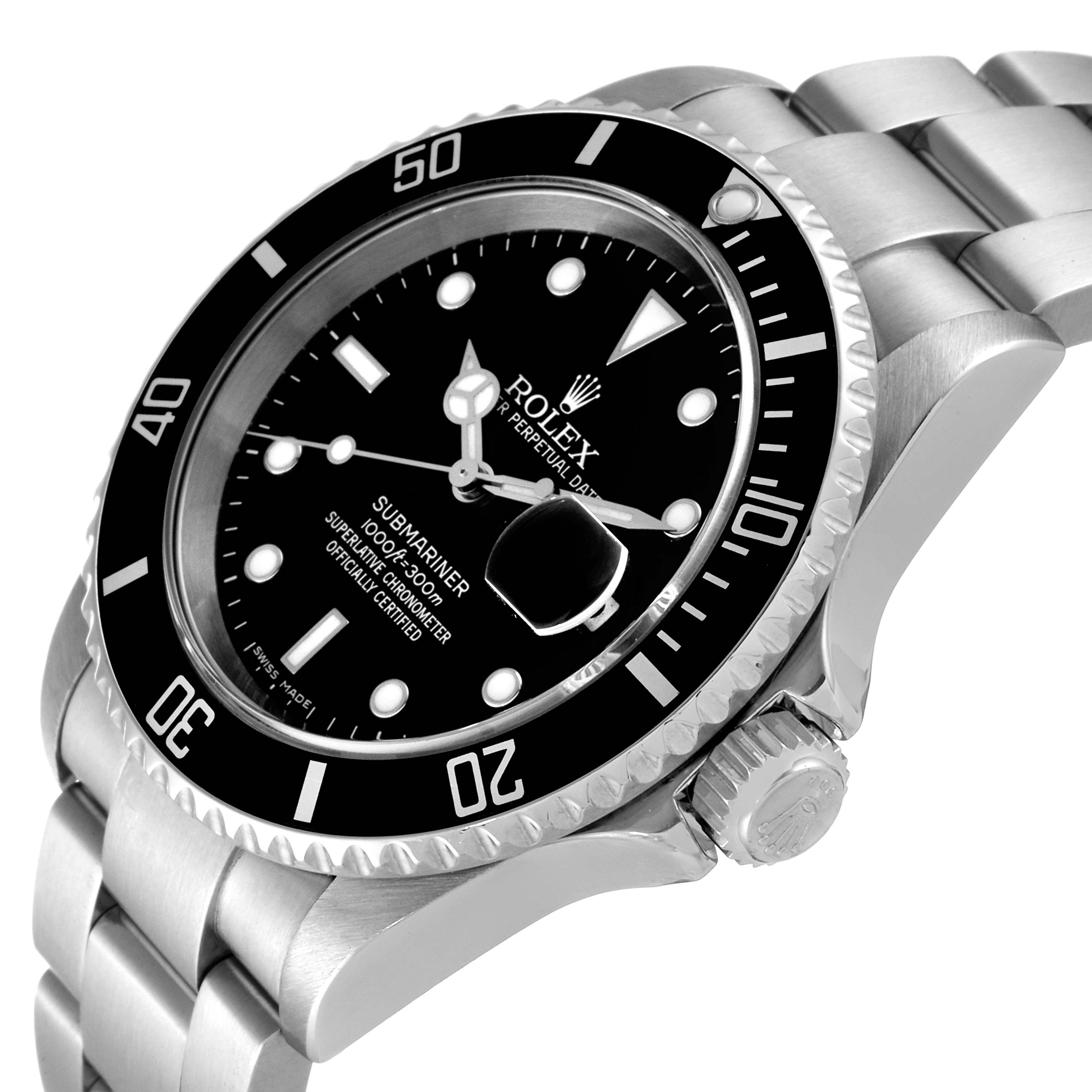 The image shows a Rolex Submariner 16610 Men
s Stainless Steel Black Dial 16610 Men
s Stainless Steel Black Dial watch from an angled side view, highlighting the dial, bezel, crown, and a portion of the bracelet.