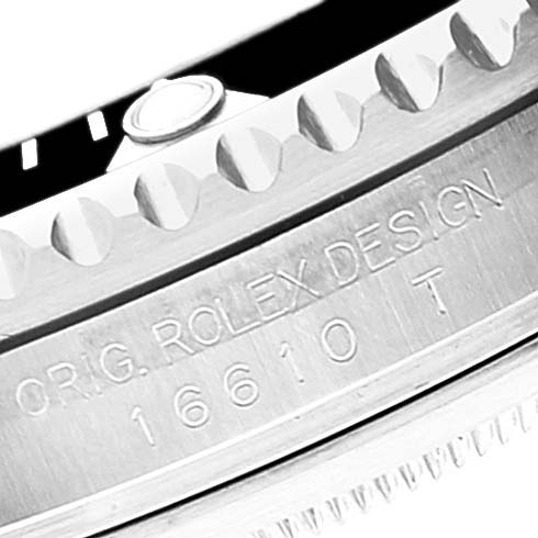 The image shows a close-up of the bezel and the engraved model number on the side of the case of a Rolex Submariner 16610 Men
s Stainless Steel Black Dial 16610 Men
s Stainless Steel Black Dial watch.
