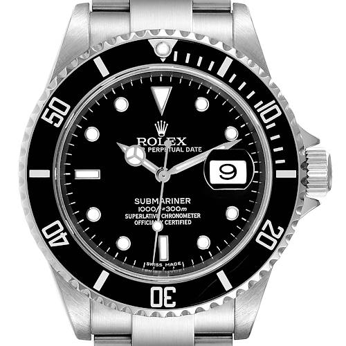 The image shows a front view of a Rolex Submariner, highlighting the dial, bezel, hands, and date window.