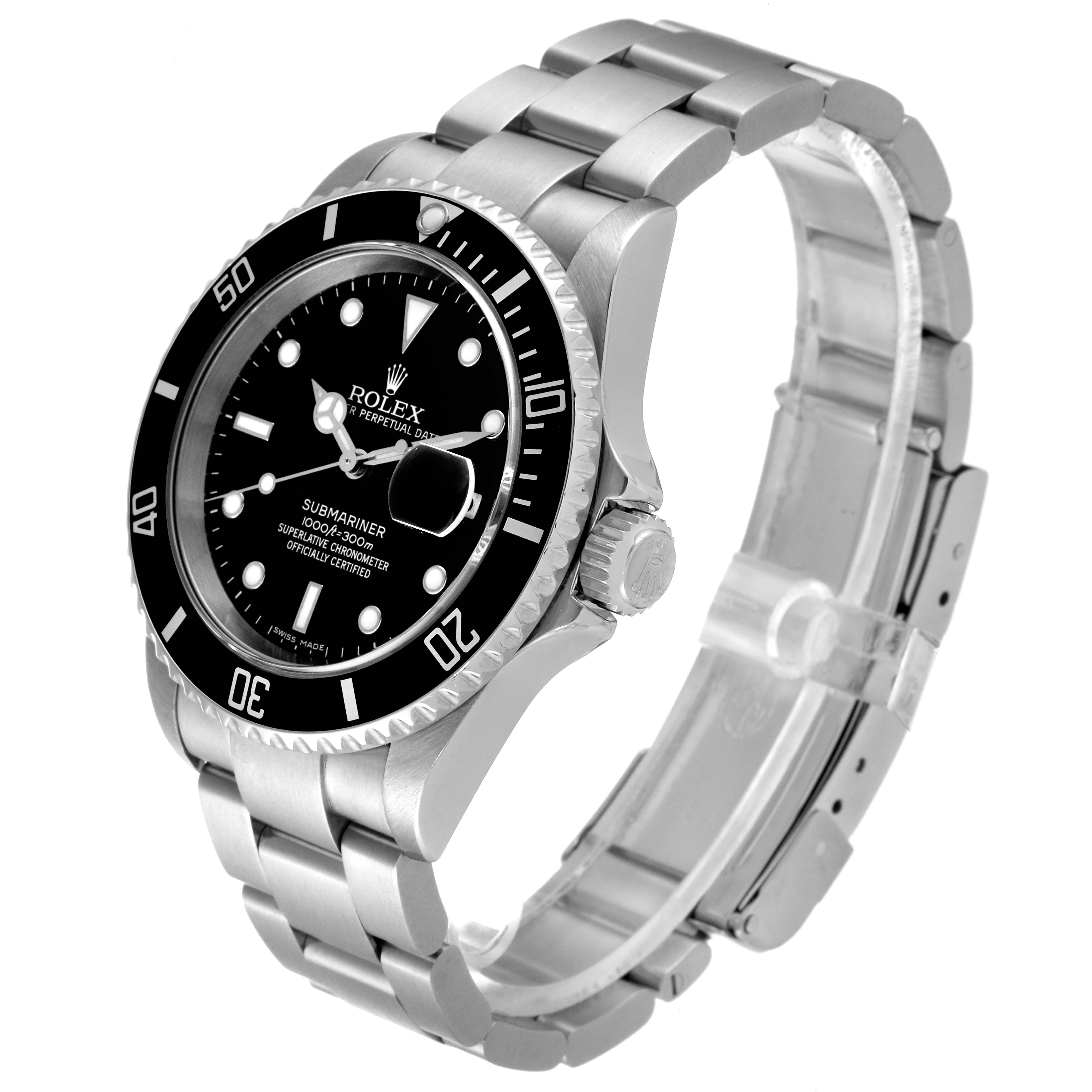 The image shows a Rolex Submariner 16610 Men
s Stainless Steel Black Dial 16610 Men
s Stainless Steel Black Dial watch from a three-quarter angle, displaying the dial, bezel, crown, and bracelet.