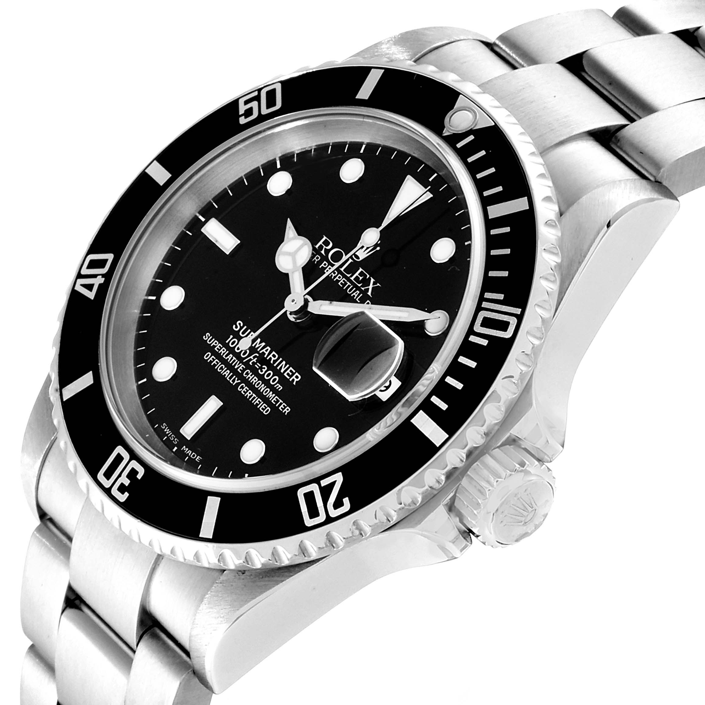 This image shows a side angle of a Rolex Submariner 16610 Men
s Stainless Steel Black Dial 16610 Men
s Stainless Steel Black Dial watch, highlighting the dial, bezel, and part of the bracelet.
