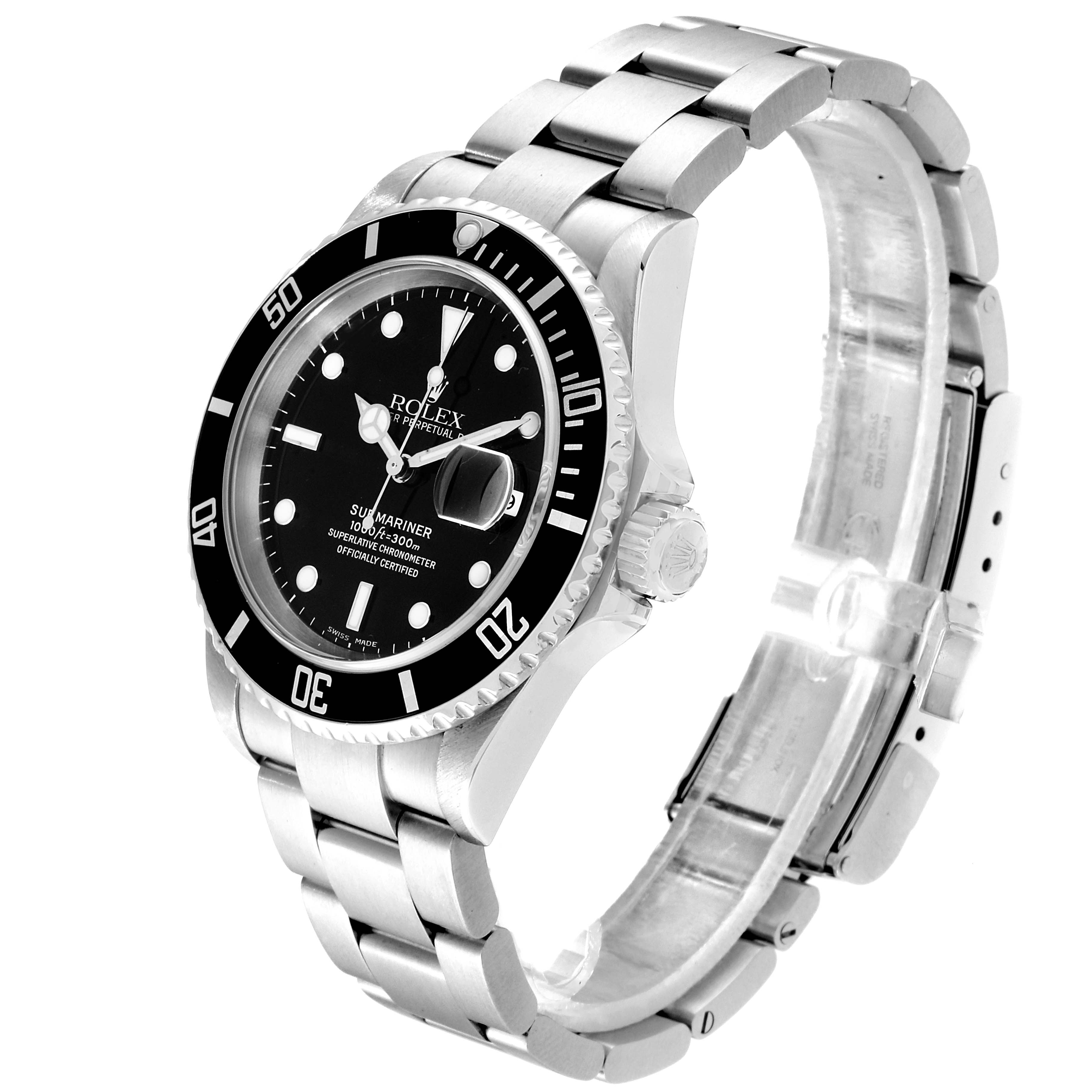 The image shows a Rolex Submariner 16610 Men
s Stainless Steel Black Dial 16610 Men
s Stainless Steel Black Dial watch at a right-side angle, highlighting the bracelet, bezel, and dial.