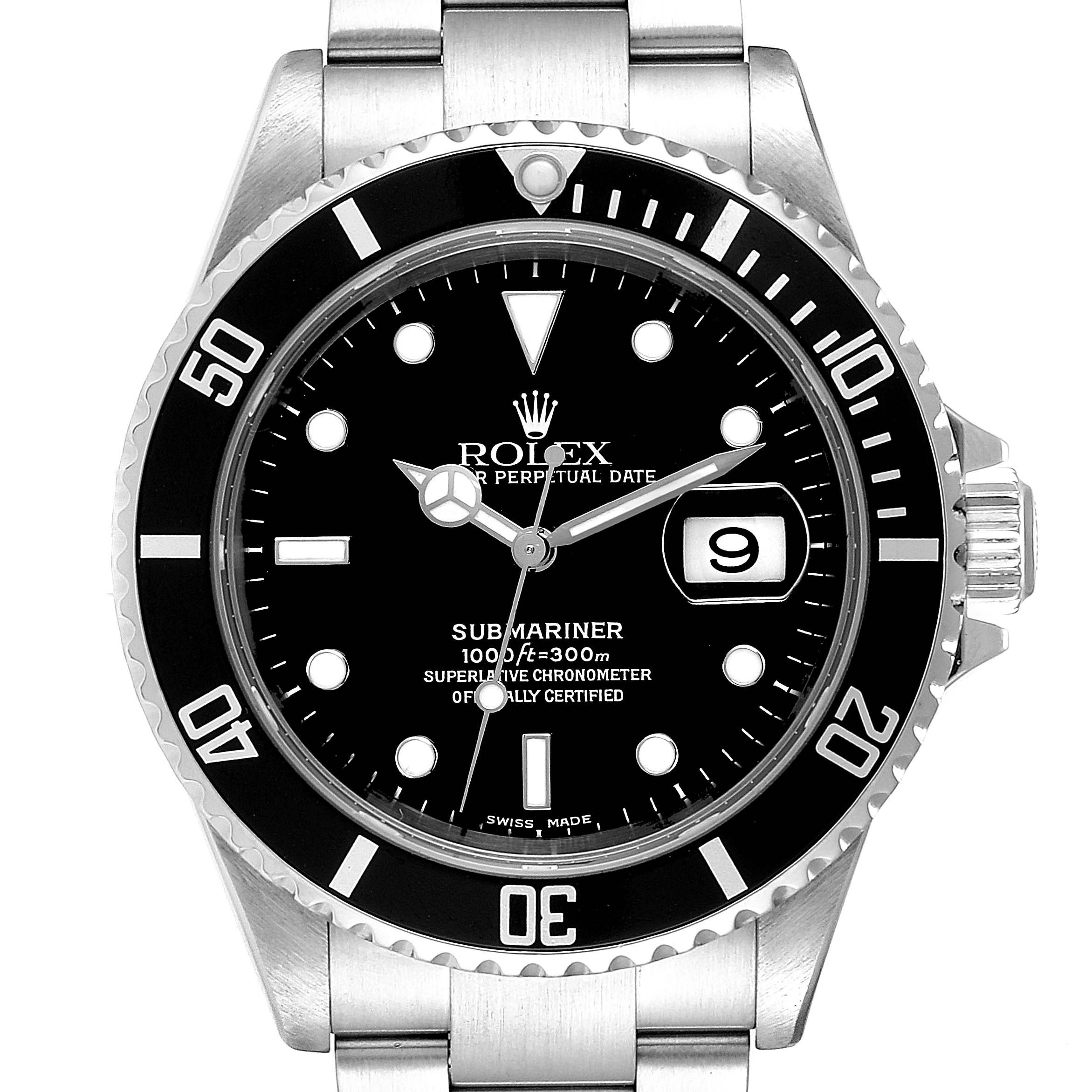 This image shows a front view of the Rolex Submariner 16610 Men
s Stainless Steel Black Dial 16610 Men
s Stainless Steel Black Dial watch, displaying the dial, bezel, and part of the bracelet.