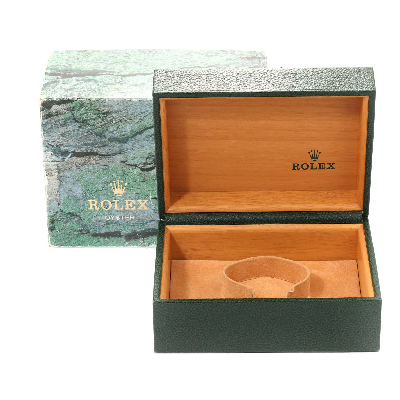 This image shows an open Rolex watch box with the exterior packaging, designed for a Submariner model.