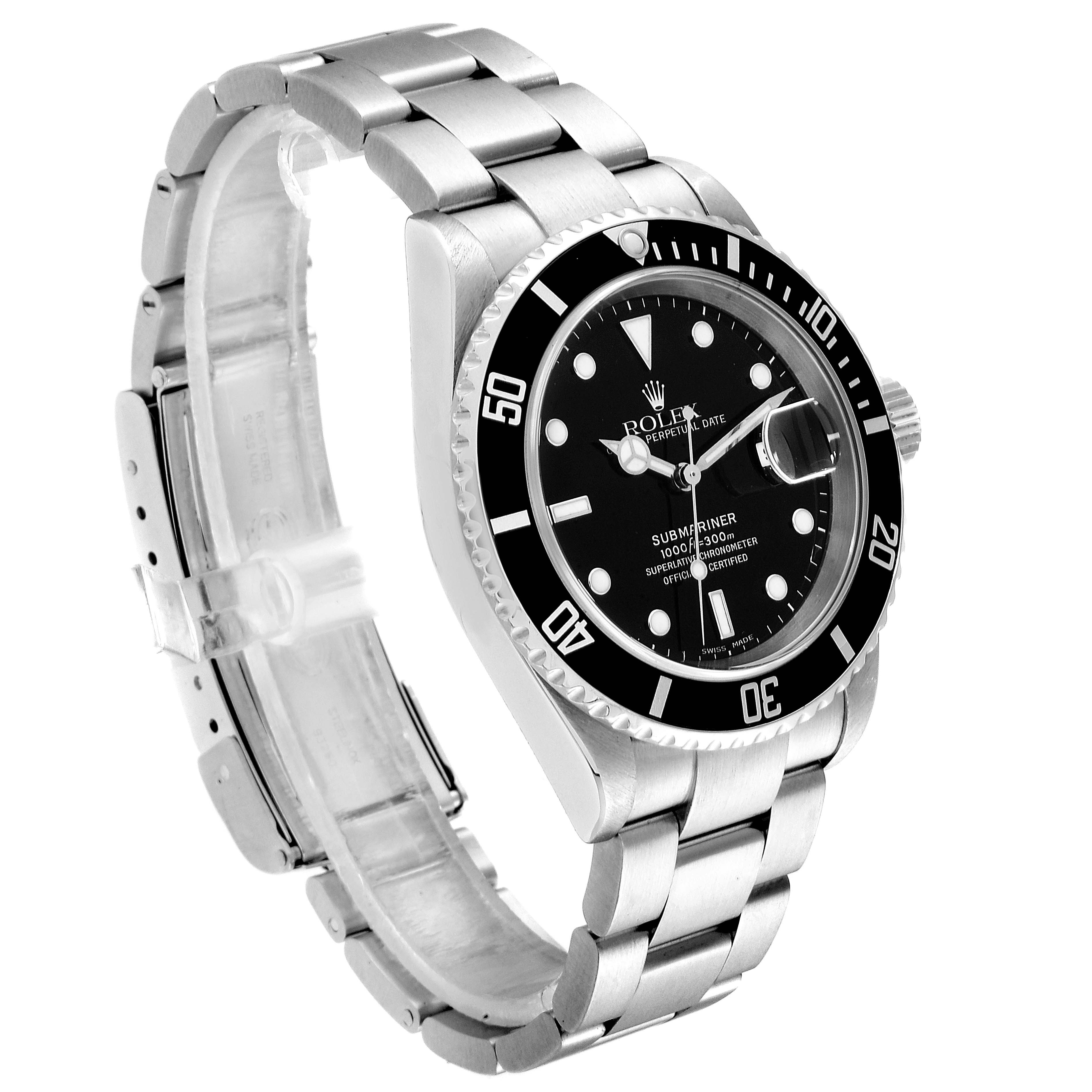 The image shows a side angle of a Rolex Submariner 16610 Men
s Stainless Steel Black Dial 16610 Men
s Stainless Steel Black Dial watch, highlighting the stainless steel band, black dial, and bezel.