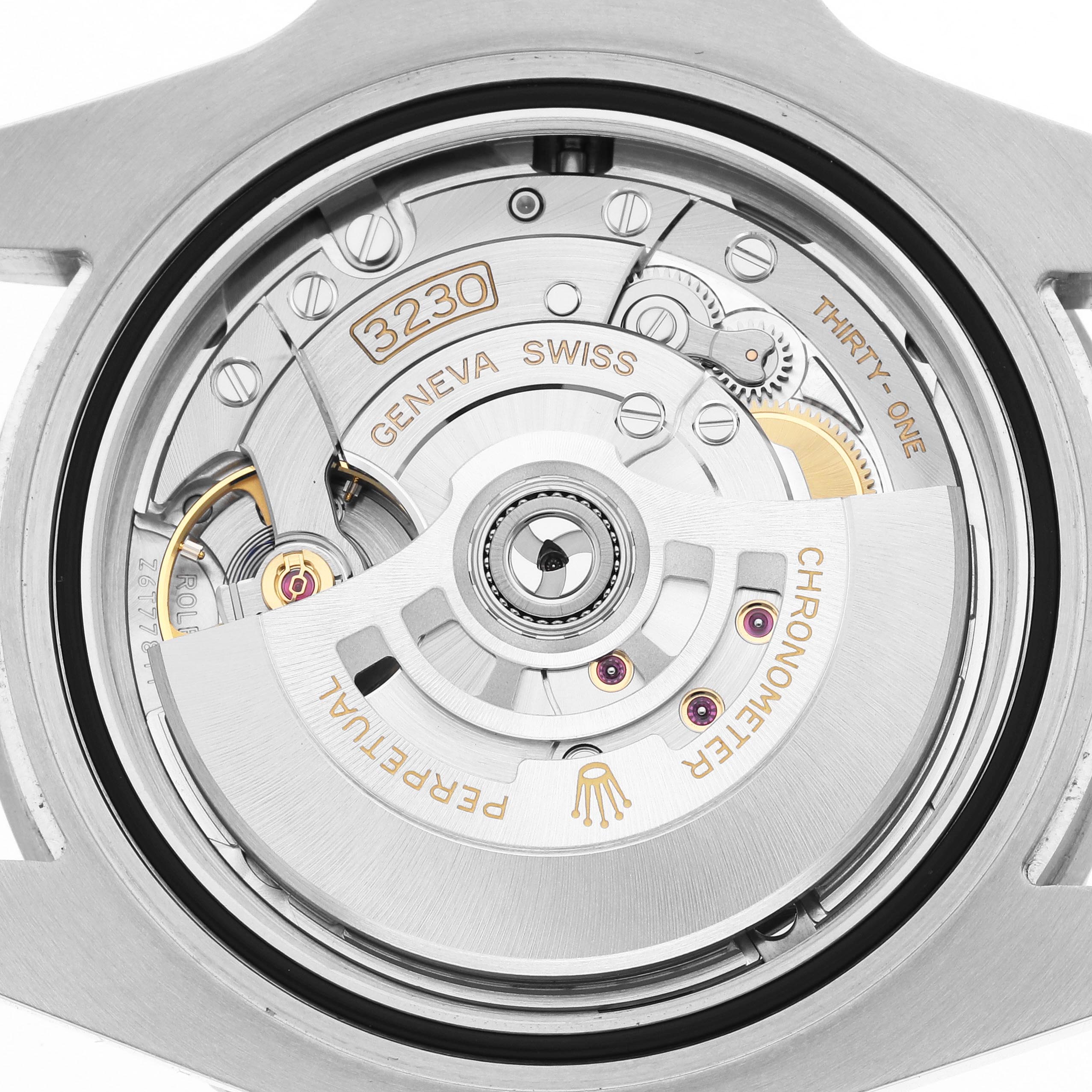 The image shows the underside view of the Rolex Submariner 124060 Men
s Stainless Steel Black Dial 124060 Men
s Stainless Steel Black Dial
s open case back, revealing its movement and rotor.