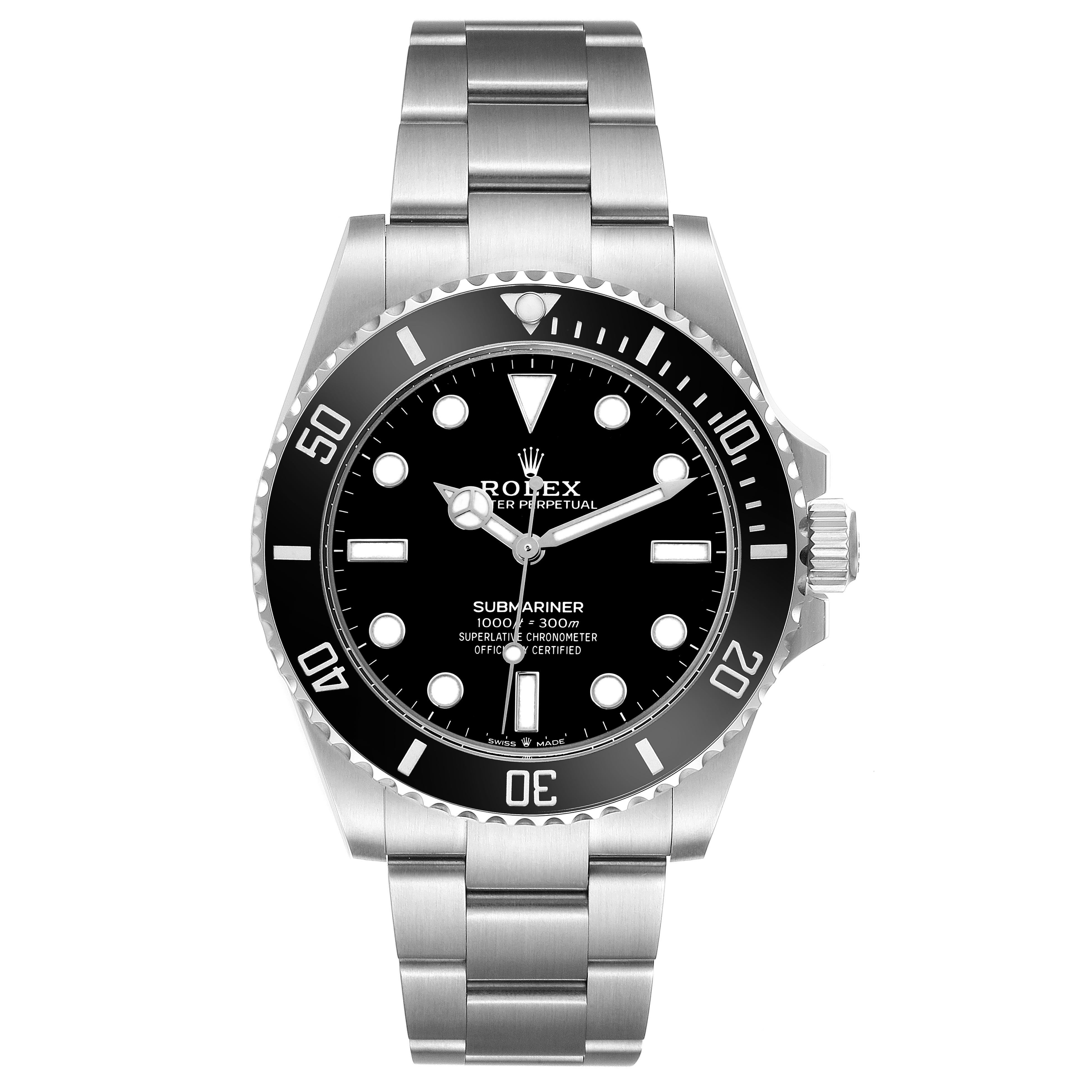 The image shows a front view of the Rolex Submariner 124060 Men
s Stainless Steel Black Dial 124060 Men
s Stainless Steel Black Dial, displaying the dial, bezel, and bracelet.