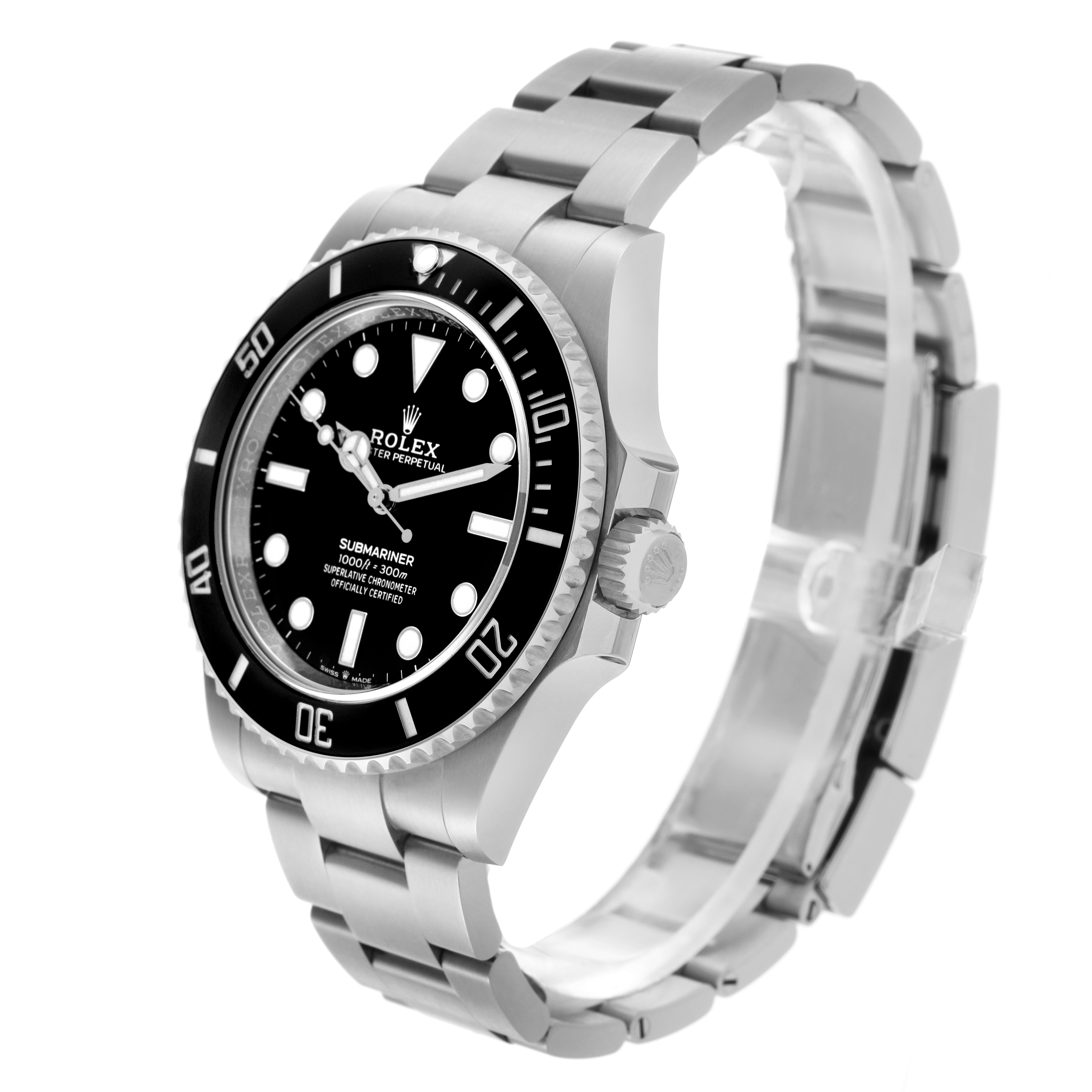 The Rolex Submariner 124060 Men
s Stainless Steel Black Dial 124060 Men
s Stainless Steel Black Dial watch is shown at a three-quarter angle, displaying the face, bezel, crown, and bracelet.