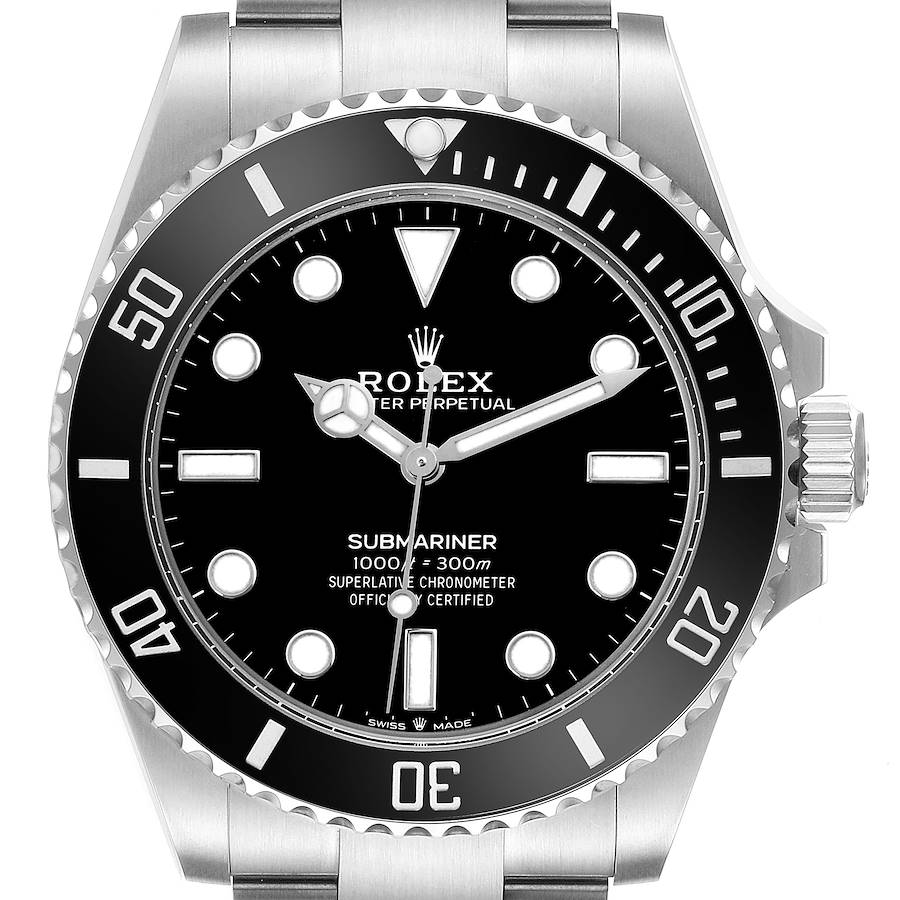 The Rolex Submariner watch is shown from the front, highlighting the dial, bezel, and part of the bracelet.