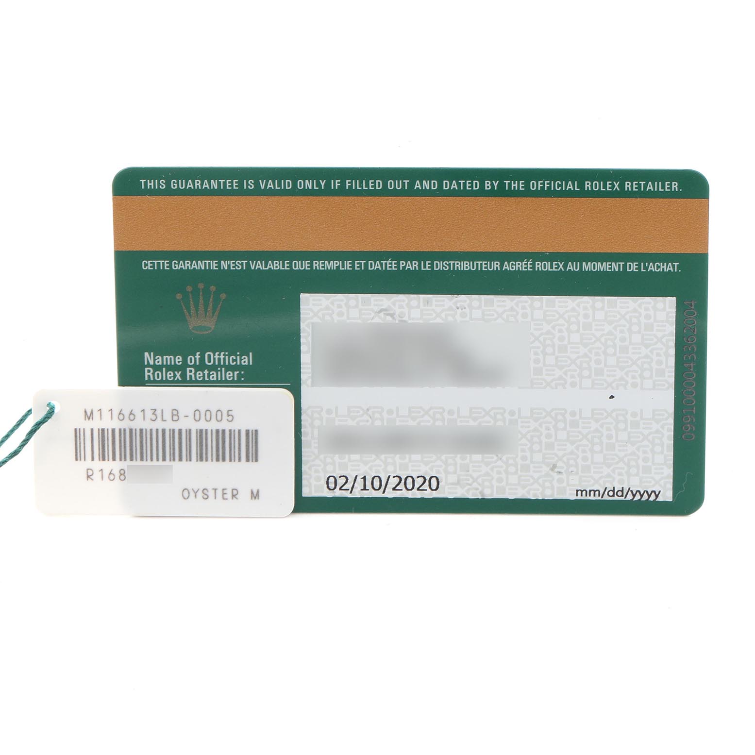 The image shows a Rolex guarantee card and a barcode tag for the Submariner model.
