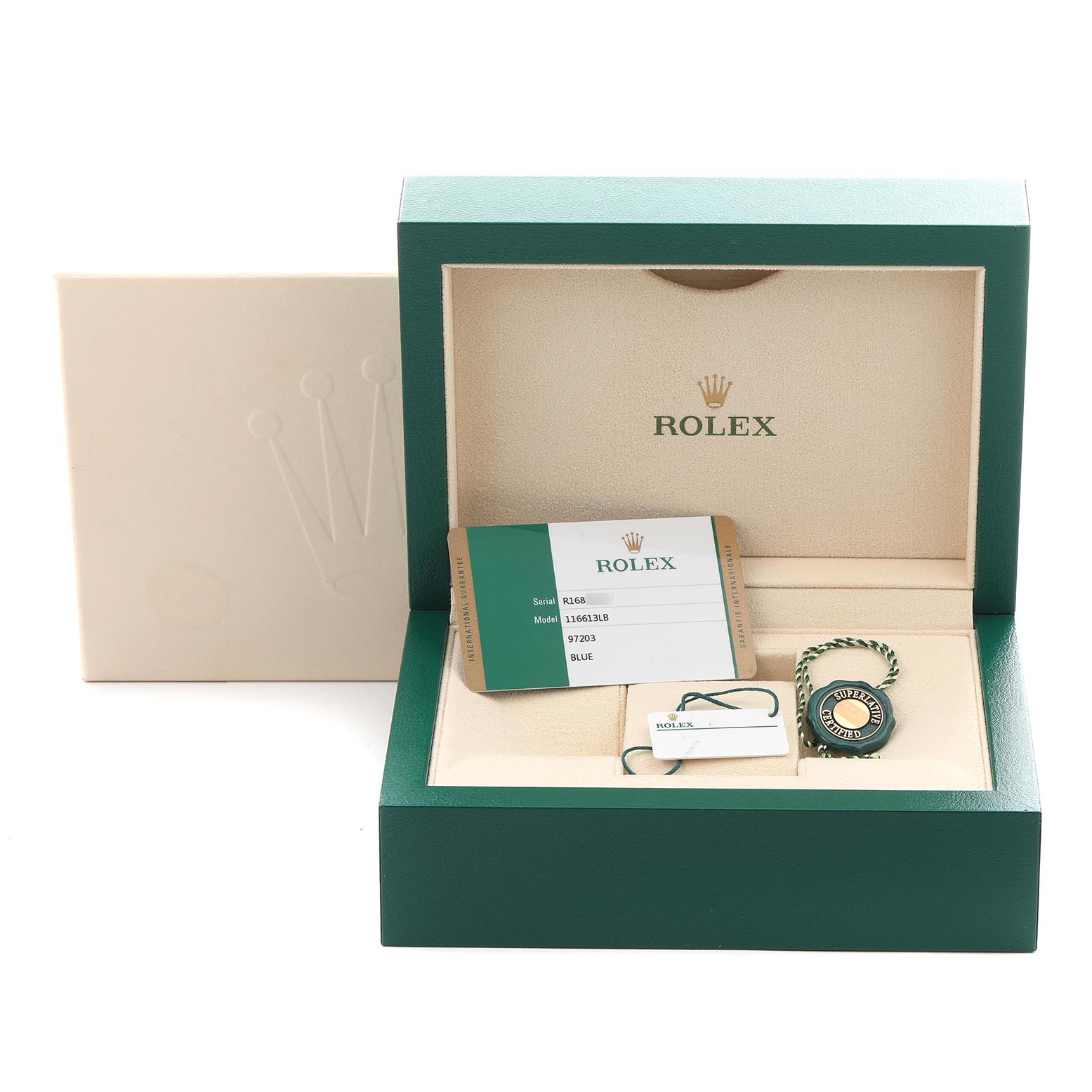 The image shows the Rolex Submariner 116613 Men
s Steel and Gold (two tone) Blue Dial 116613 Men
s Steel and Gold (two tone) Blue Dial packaging including the box, warranty card, and display tag.
