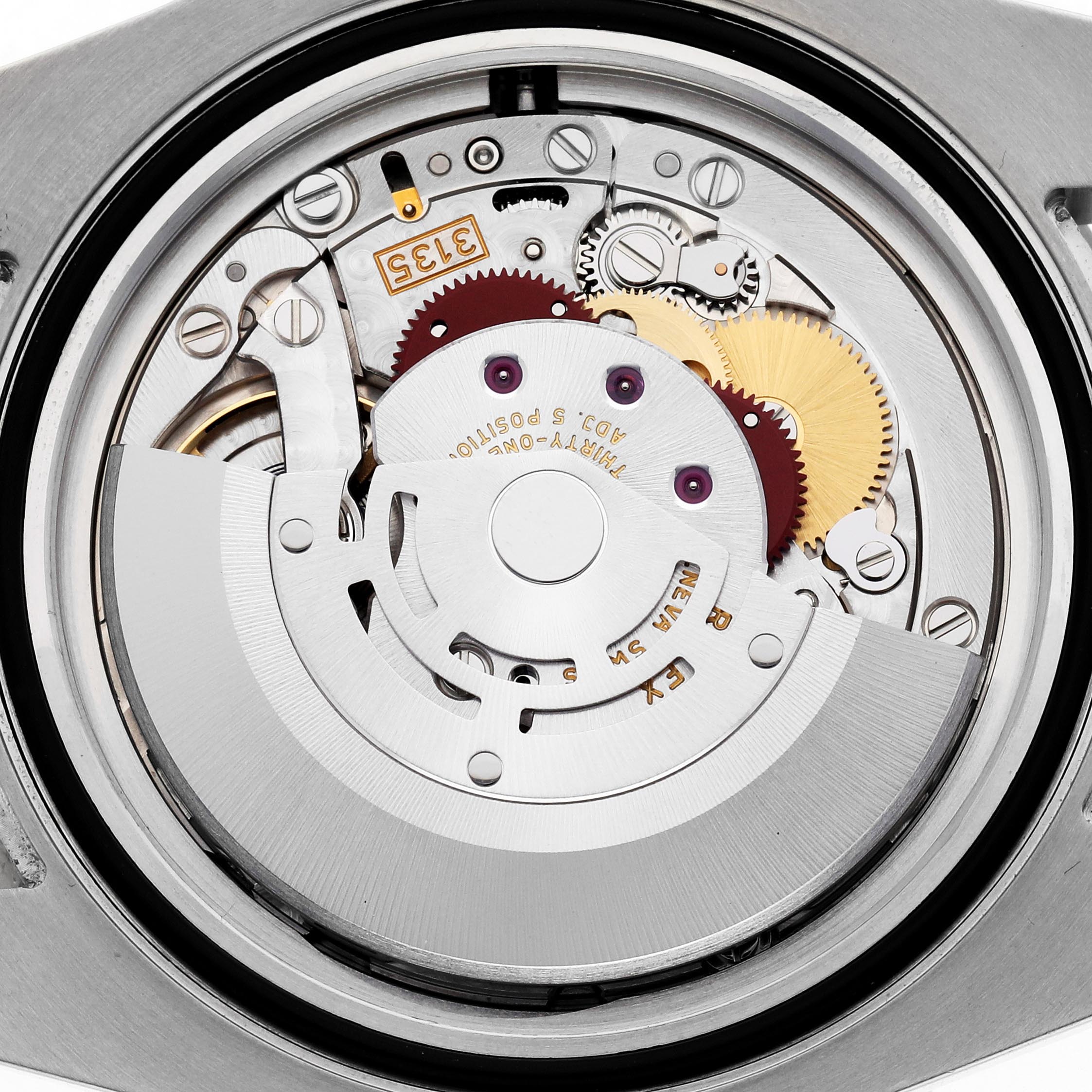 The image shows the movement of a Rolex Submariner 116613 Men
s Steel and Gold (two tone) Blue Dial 116613 Men
s Steel and Gold (two tone) Blue Dial watch, viewed from the back, highlighting the intricate mechanical components.