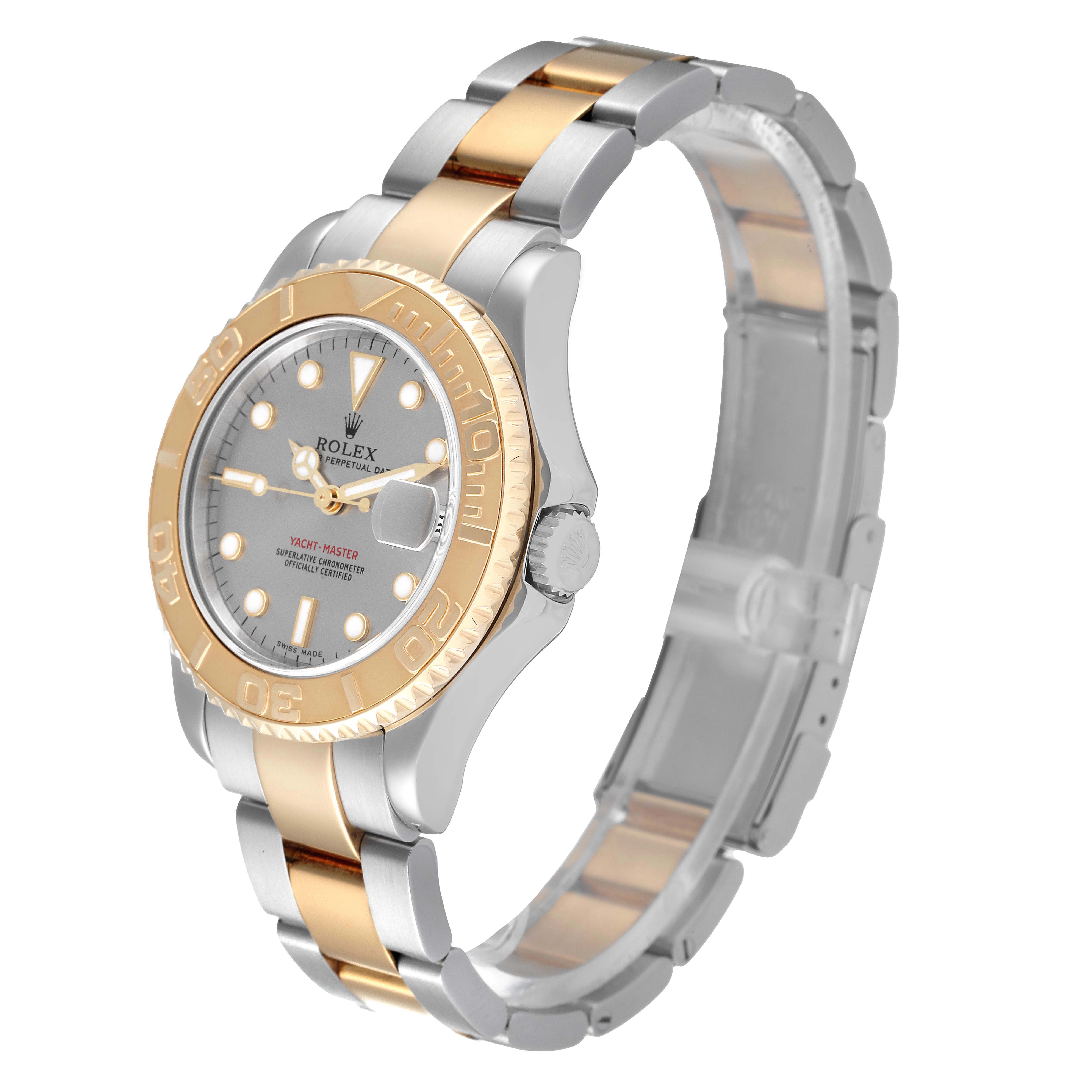 The Rolex Yacht-Master 168623 Men's Steel and Gold (two tone) Grey Dial 168623 Men's Steel and Gold (two tone) Grey Dial watch is shown at a three-quarter angle, highlighting its two-tone bracelet, bezel, dial, and crown.