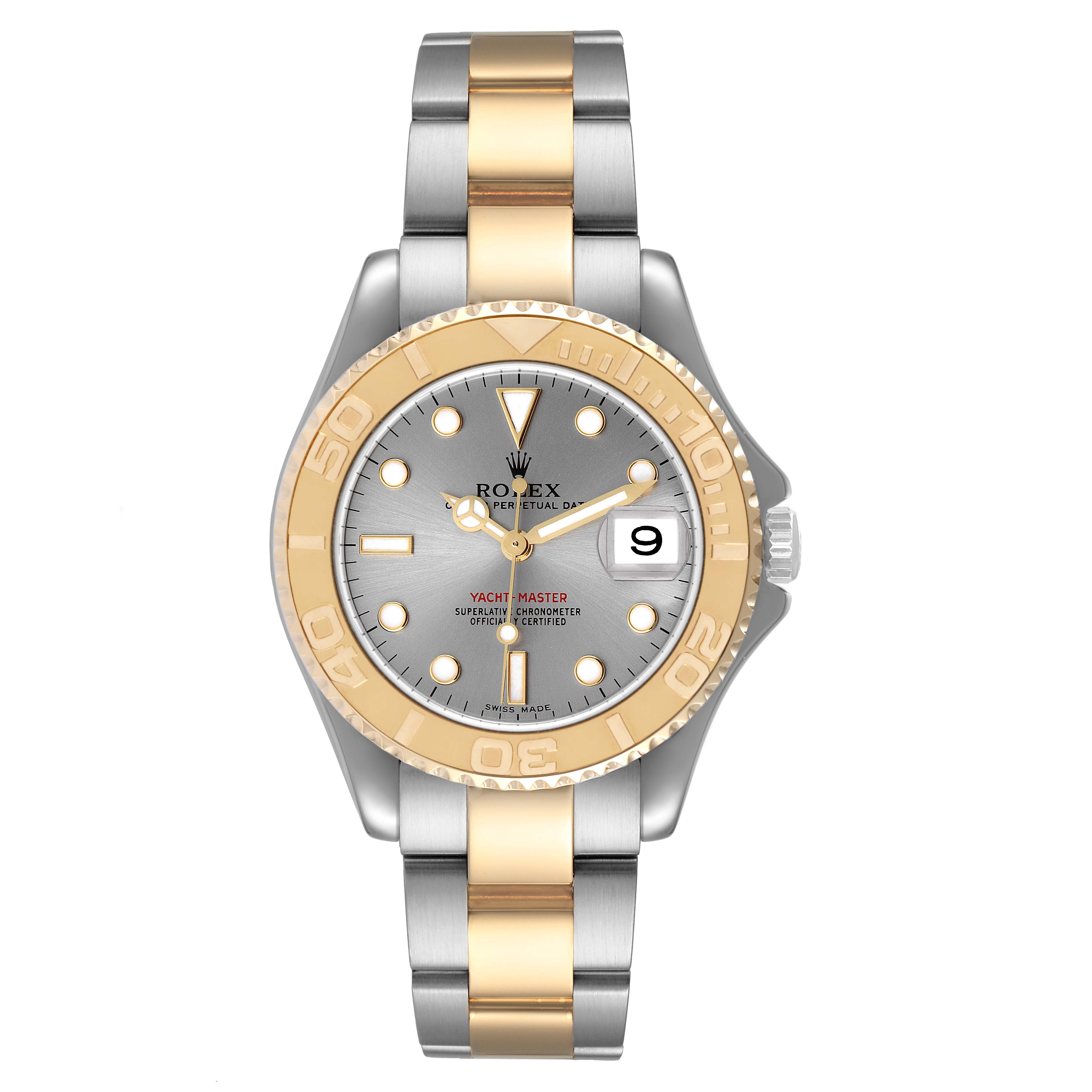 This image shows a frontal view of the Rolex Yacht-Master 168623 Men's Steel and Gold (two tone) Grey Dial 168623 Men's Steel and Gold (two tone) Grey Dial watch, highlighting its bezel, face, and bracelet.