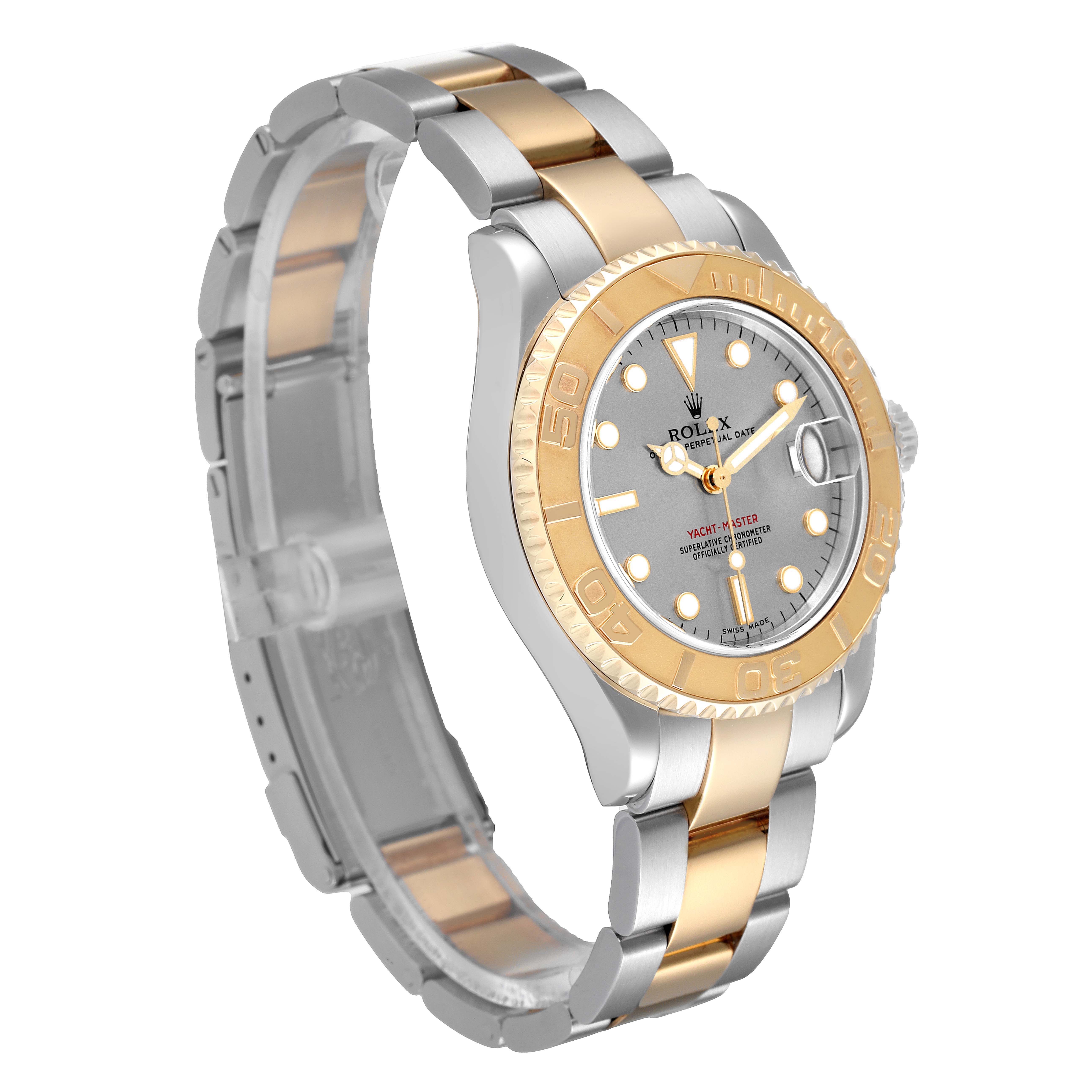 The Rolex Yacht-Master 168623 Men's Steel and Gold (two tone) Grey Dial 168623 Men's Steel and Gold (two tone) Grey Dial watch is shown at a slight side angle, highlighting the two-tone bracelet, case, and bezel.
