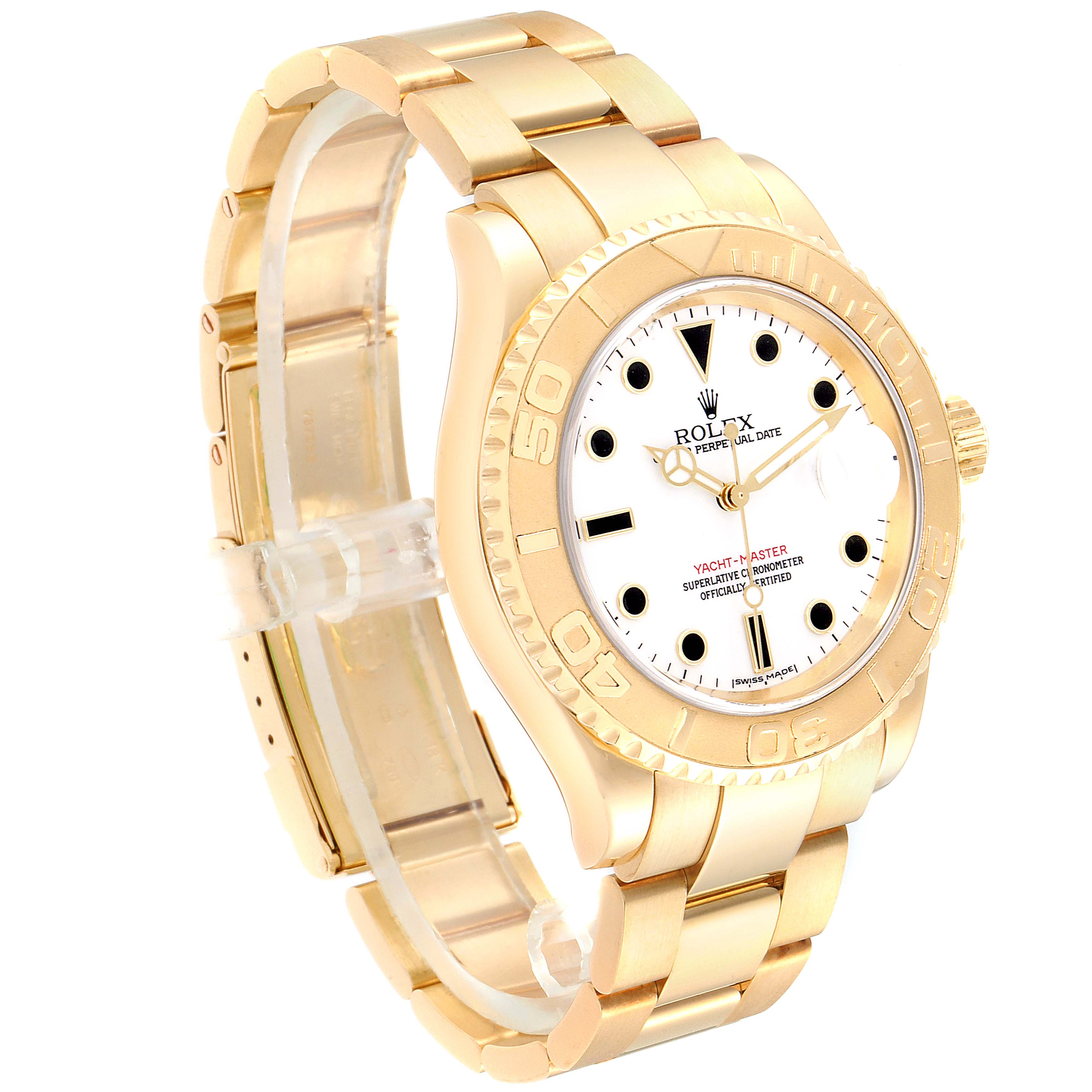 The image shows a gold Rolex Yacht-Master 16628 Men
s Yellow Gold White Dial 16628 Men
s Yellow Gold White Dial watch angled from the right, displaying the bracelet, dial, bezel, and crown.