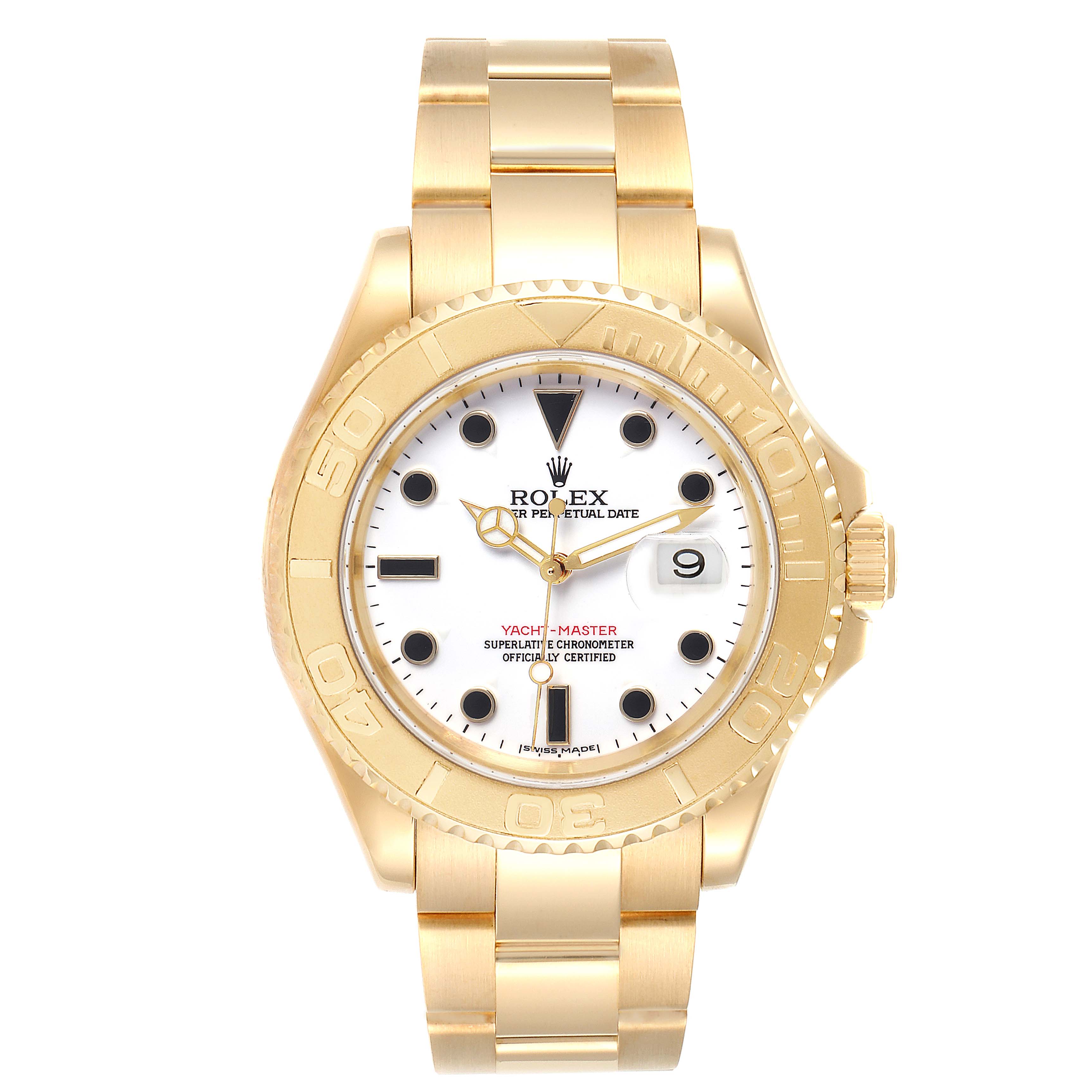 This image shows the front view of a Rolex Yacht-Master 16628 Men
s Yellow Gold White Dial 16628 Men
s Yellow Gold White Dial watch, displaying the bezel, dial, hands, and bracelet.