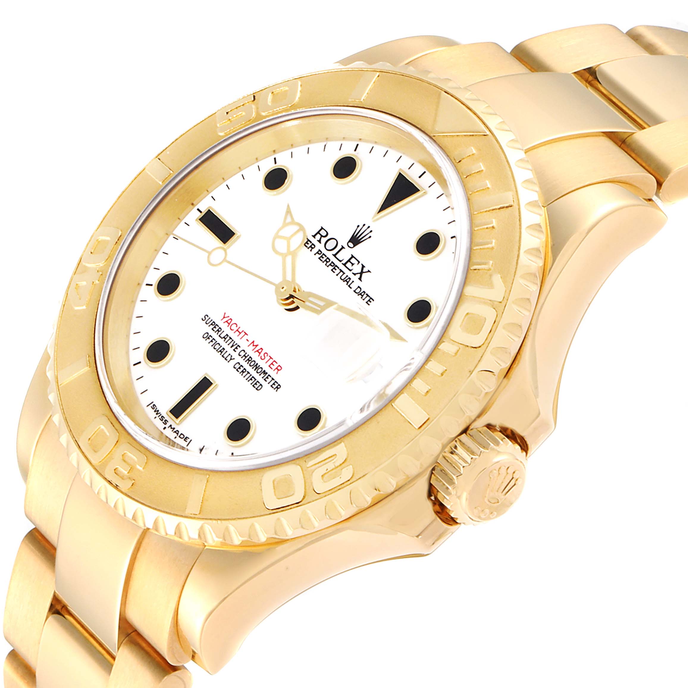 This Rolex Yacht-Master 16628 Men
s Yellow Gold White Dial 16628 Men
s Yellow Gold White Dial watch is shown at an angle highlighting its face, bezel, crown, and partial bracelet.