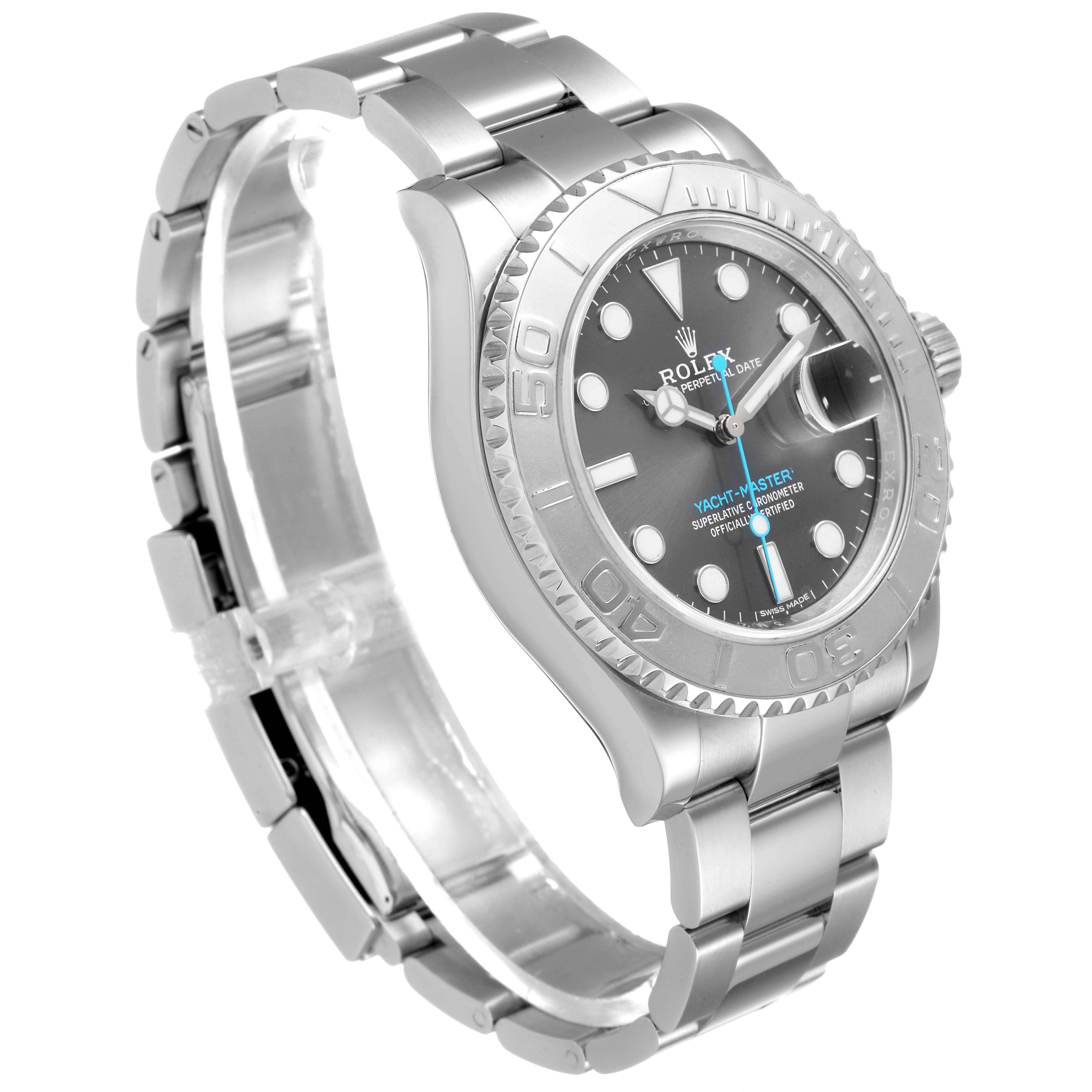 This Rolex Yacht-Master 116622 Men
s Stainless Steel Grey Dial 116622 Men
s Stainless Steel Grey Dial watch is shown from a front-left angle, highlighting its bezel, dial, and bracelet.