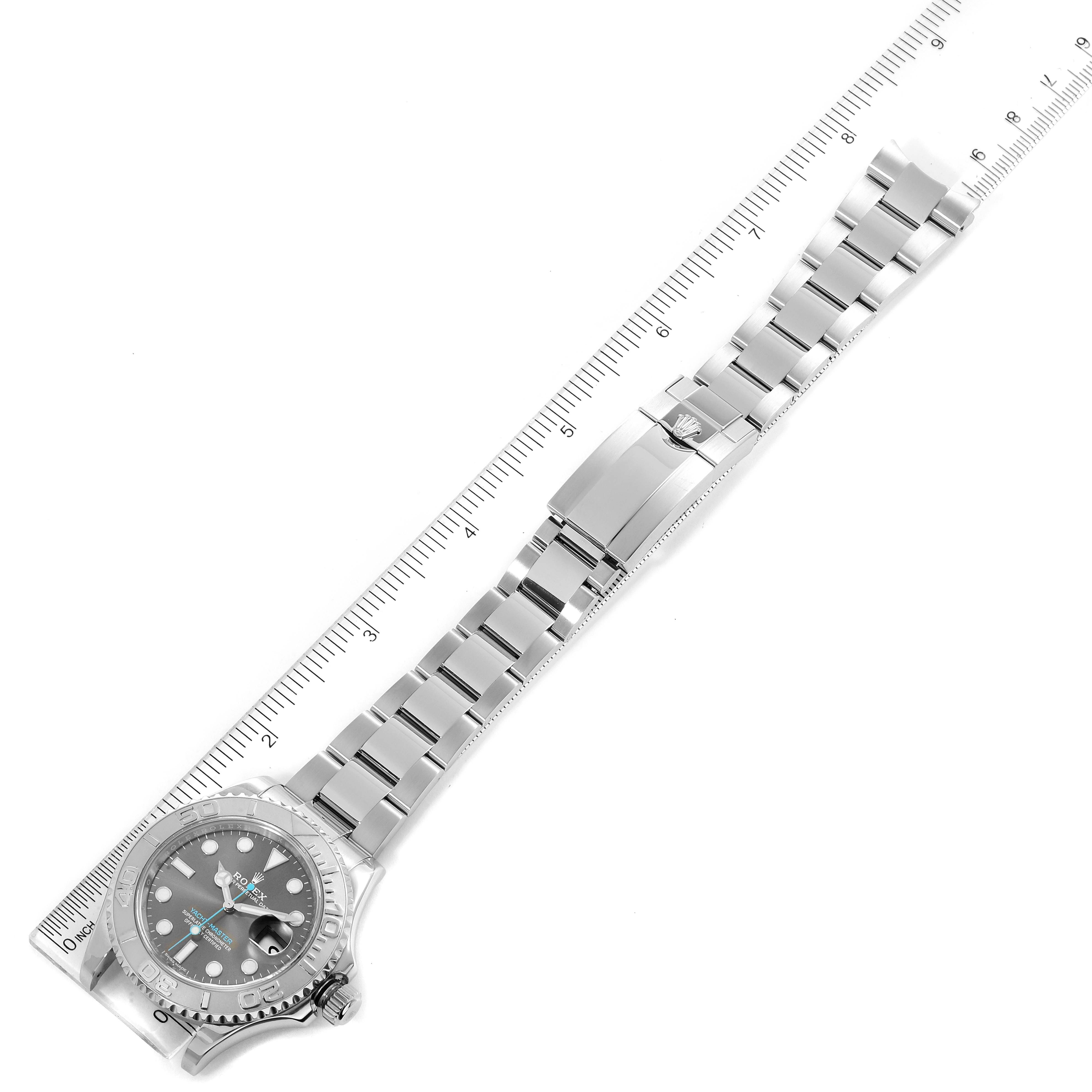 This image shows a Rolex Yacht-Master 116622 Men
s Stainless Steel Grey Dial 116622 Men
s Stainless Steel Grey Dial watch at an angled top-down view, featuring the full bracelet and clasp.