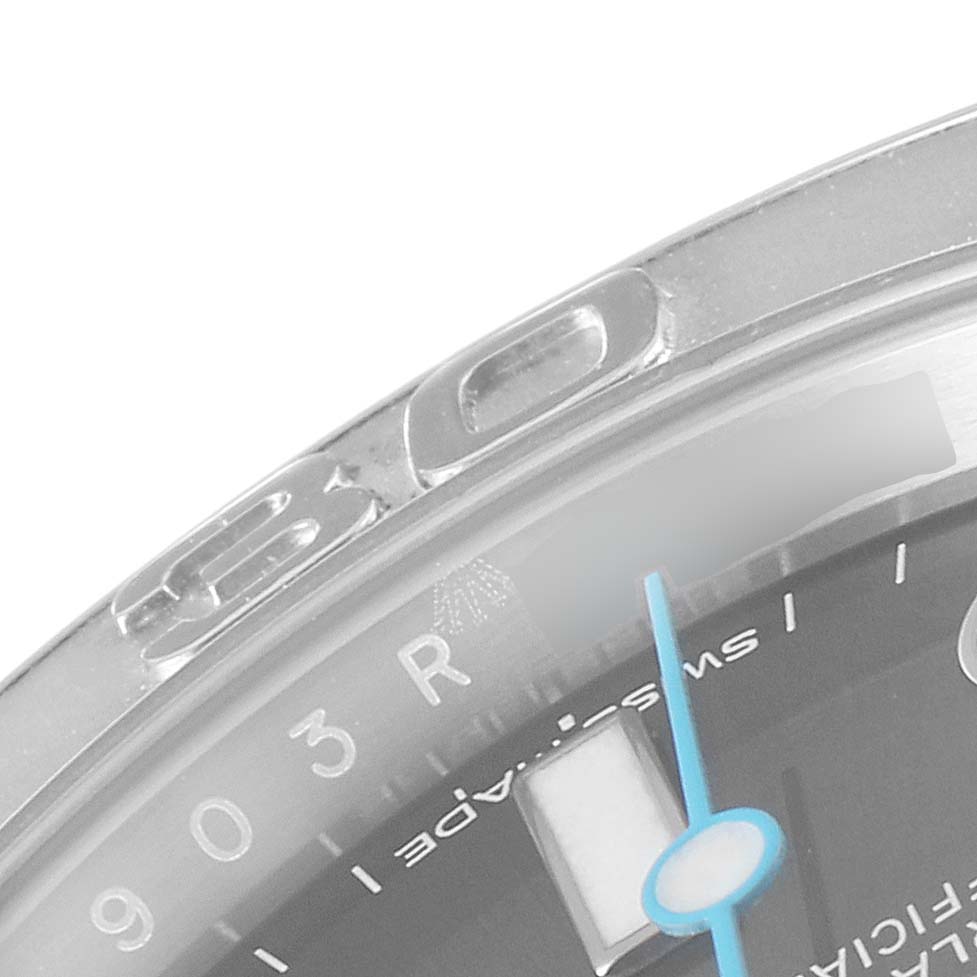 This close-up image shows the upper right part of the dial and bezel of a Rolex Yacht-Master 116622 Men
s Stainless Steel Grey Dial 116622 Men
s Stainless Steel Grey Dial watch.