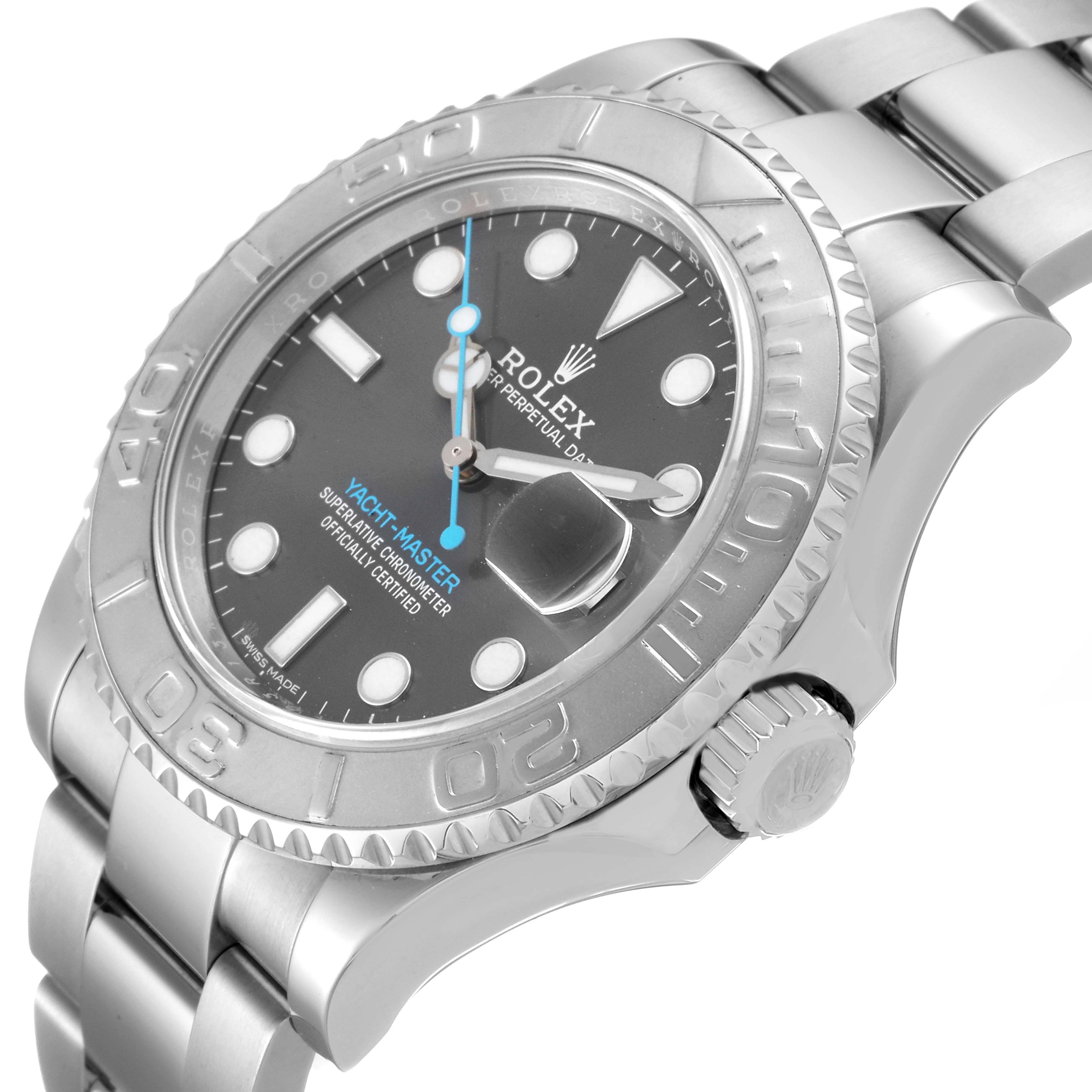 The Rolex Yacht-Master 116622 Men
s Stainless Steel Grey Dial 116622 Men
s Stainless Steel Grey Dial watch is shown at a slight angle, highlighting the bezel, dial, crown, and part of the bracelet.