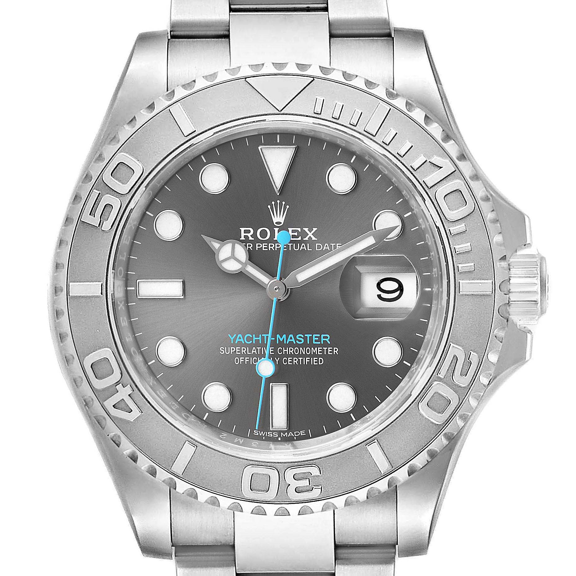 The image shows a front view of a Rolex Yacht-Master 116622 Men
s Stainless Steel Grey Dial 116622 Men
s Stainless Steel Grey Dial watch, displaying the dial, bezel, and part of the bracelet.