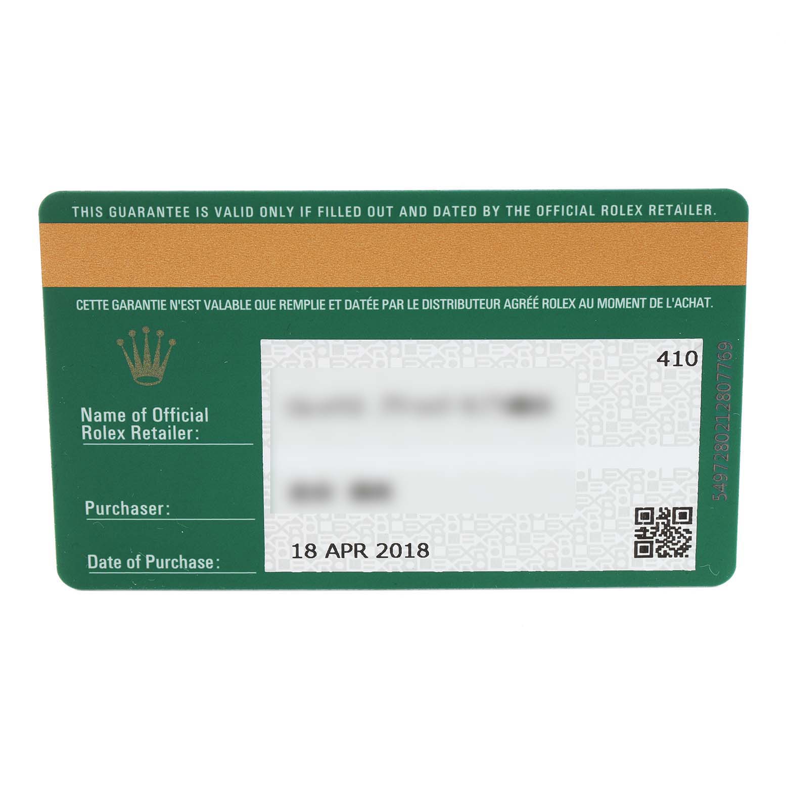 The image shows the warranty card for the Rolex Yacht-Master 116622 Men
s Stainless Steel Grey Dial 116622 Men
s Stainless Steel Grey Dial watch.