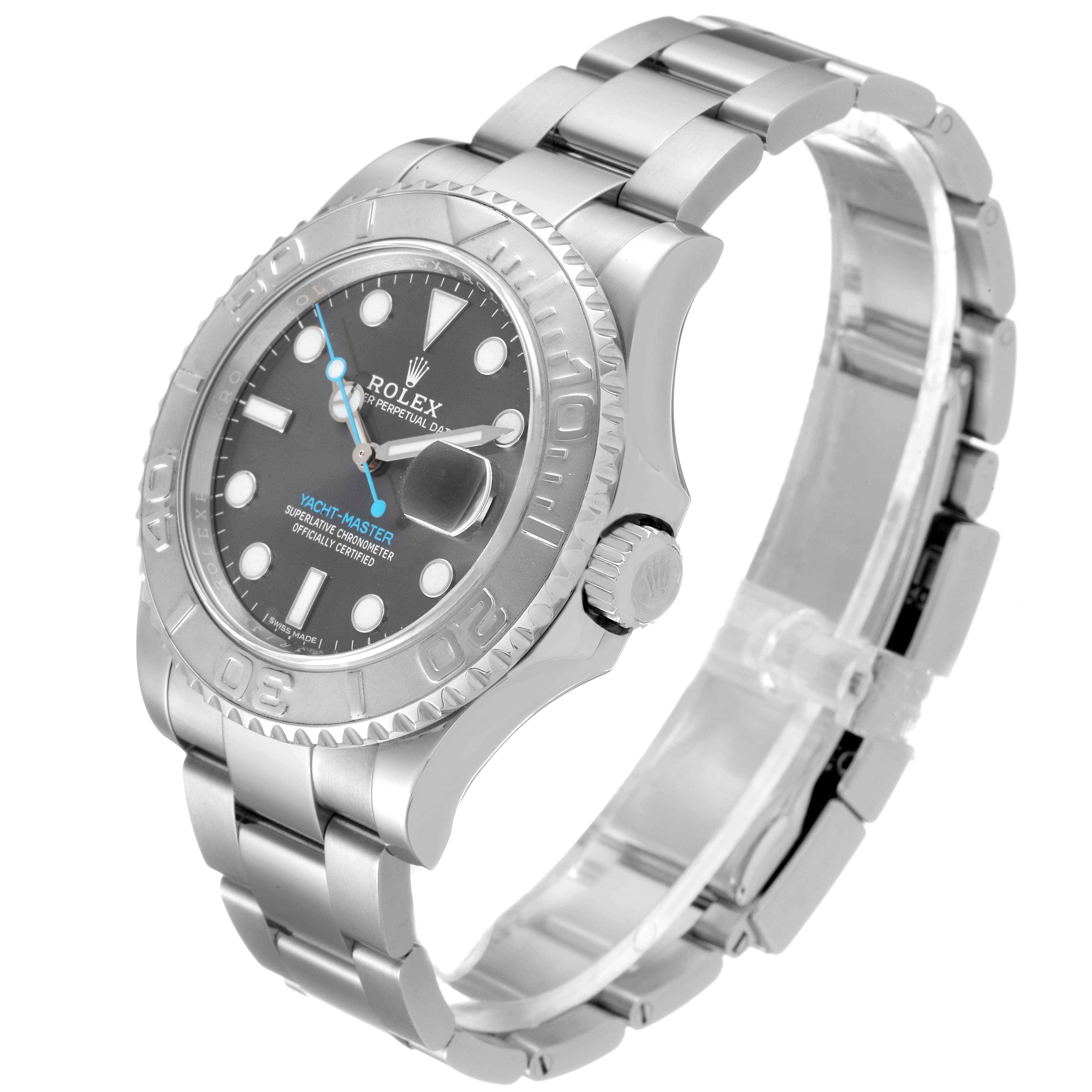 The image shows a side angle of the Rolex Yacht-Master 116622 Men
s Stainless Steel Grey Dial 116622 Men
s Stainless Steel Grey Dial watch, highlighting the dial, bezel, bracelet, and crown.